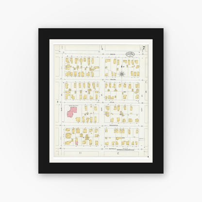 Old map wall art mockup — black gallery frame with white mat — Sanborn Fire Insurance Map from Fulton, Oswego County, New York (1906), Sheet #0007