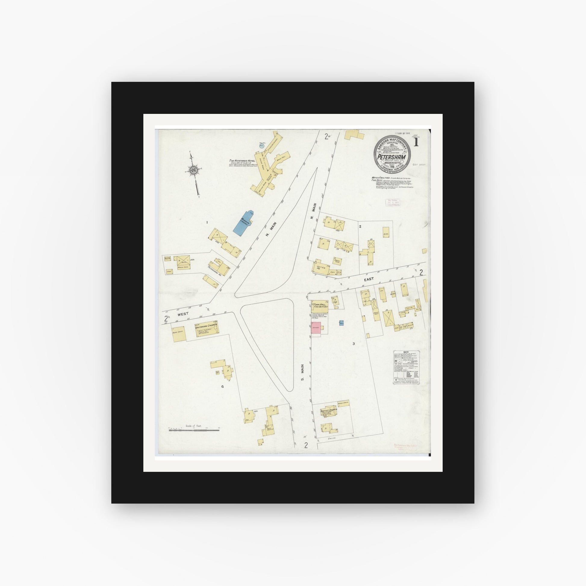 Old map wall art mockup — black gallery frame with white mat — Sanborn Fire Insurance Map from Petersham, Worcester County, Massachusetts (1912) - Complete Map Set