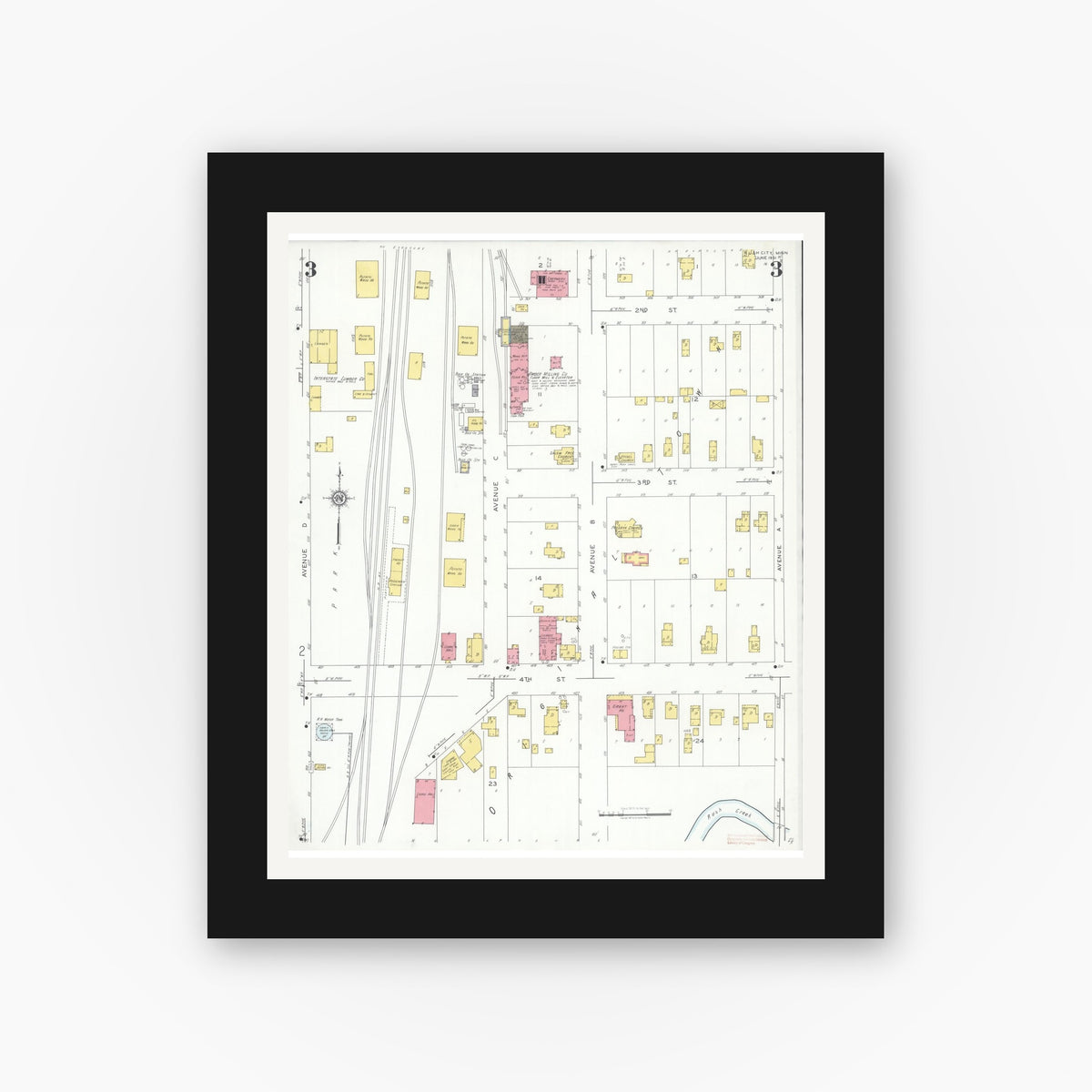 Old map wall art mockup — black gallery frame with white mat — Sanborn Fire Insurance Map from Rush City, Chisago County, Minnesota (1931), Sheet #0003