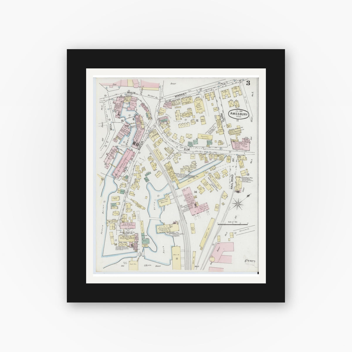 Old map wall art mockup — black gallery frame with white mat — Sanborn Fire Insurance Map from Amesbury, Essex County, Massachusetts (1889), Sheet #0003