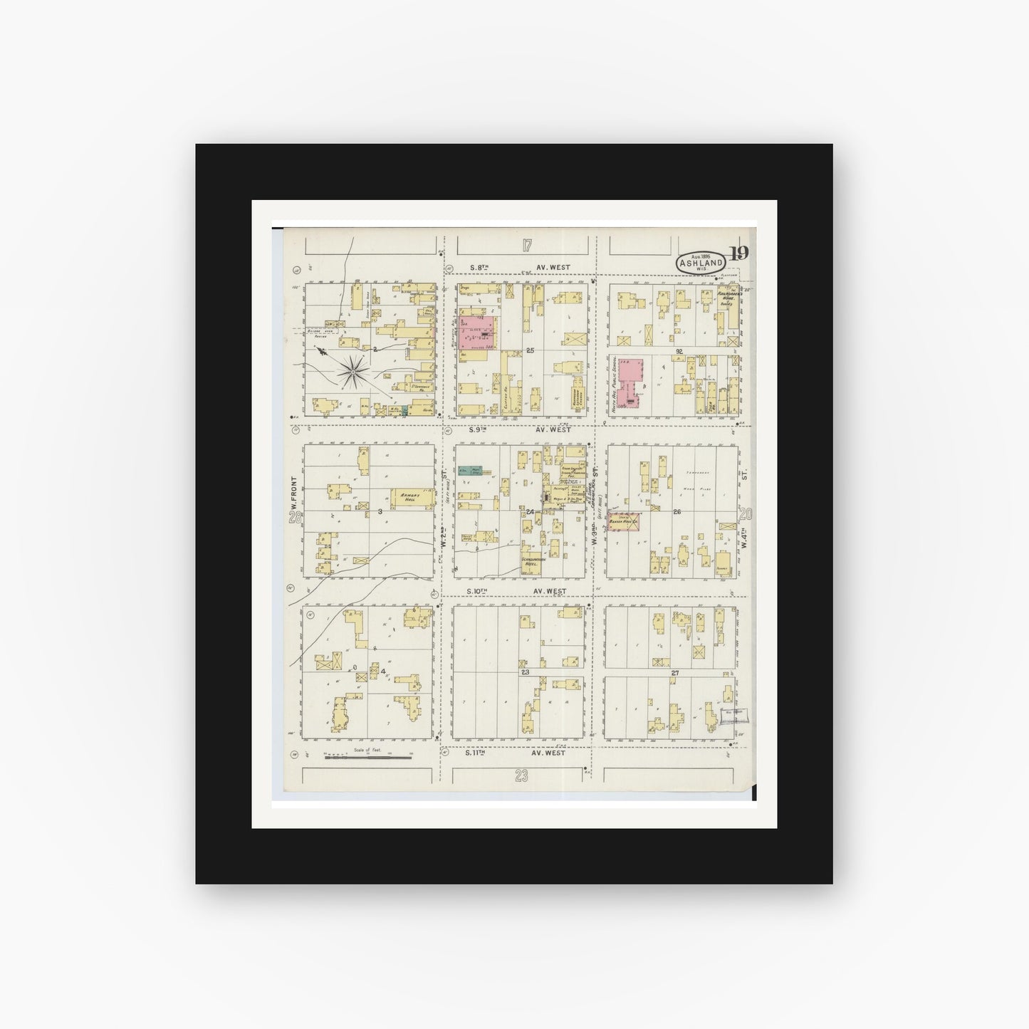 Old map wall art mockup — black gallery frame with white mat — Sanborn Fire Insurance Map from Ashland, Ashland County, Wisconsin (1895), Sheet #0019