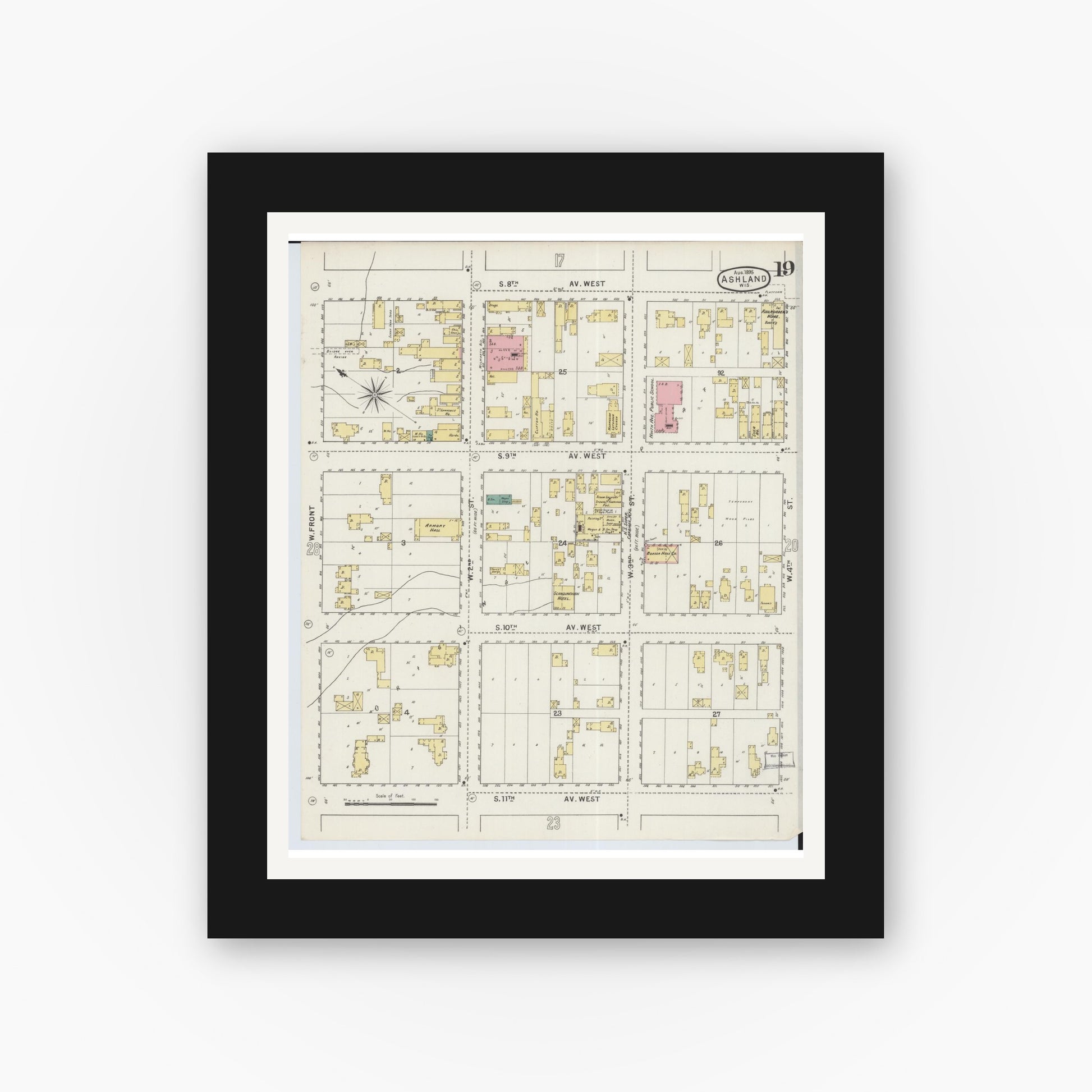 Old map wall art mockup — black gallery frame with white mat — Sanborn Fire Insurance Map from Ashland, Ashland County, Wisconsin (1895), Sheet #0019