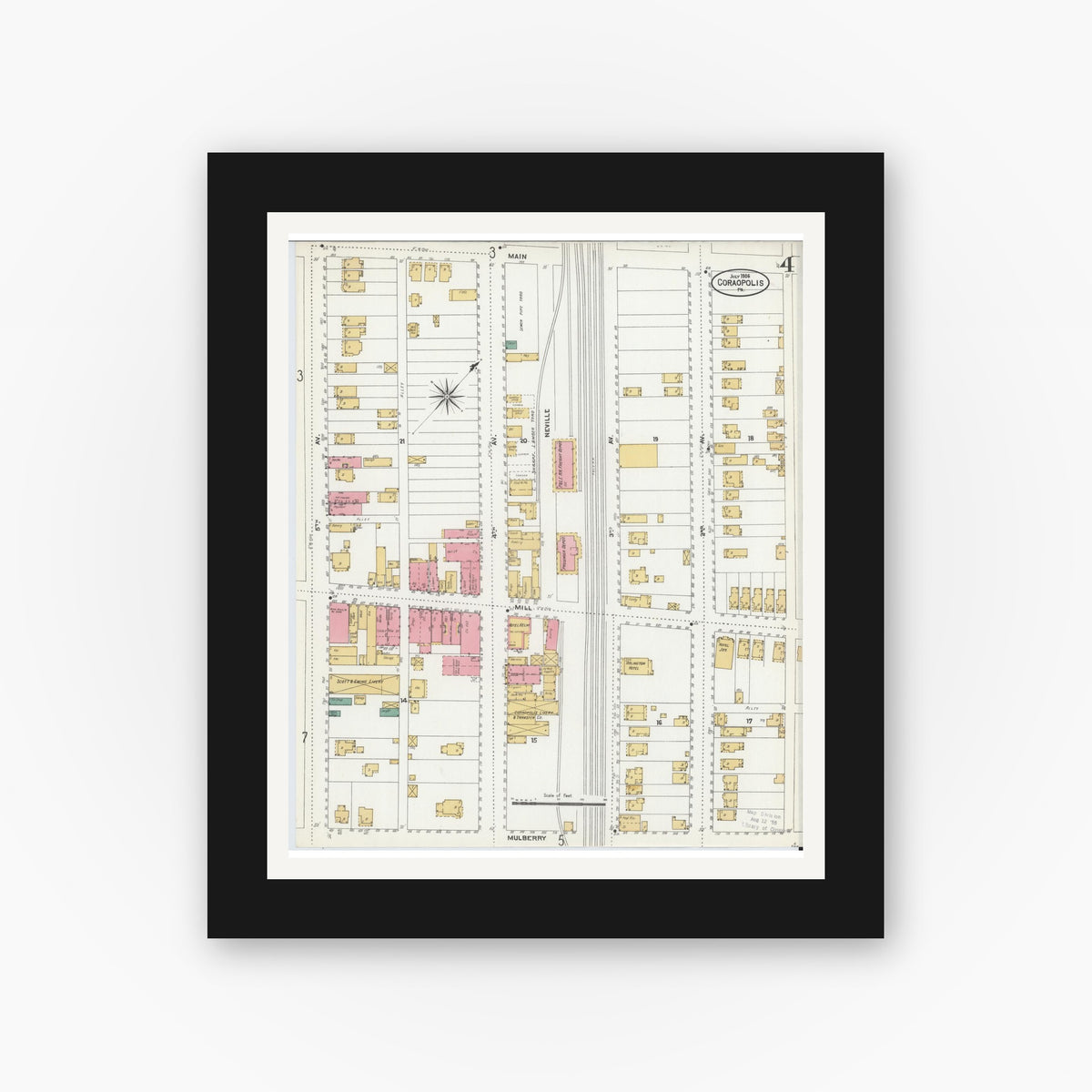 Old map wall art mockup — black gallery frame with white mat — Sanborn Fire Insurance Map from Coraopolis, Allegheny County, Pennsylvania (1906), Sheet #0004