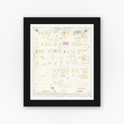 Old map wall art mockup — black gallery frame with white mat — Sanborn Fire Insurance Map from Lake City, Wabasha County, Minnesota (1938), Sheet #0012