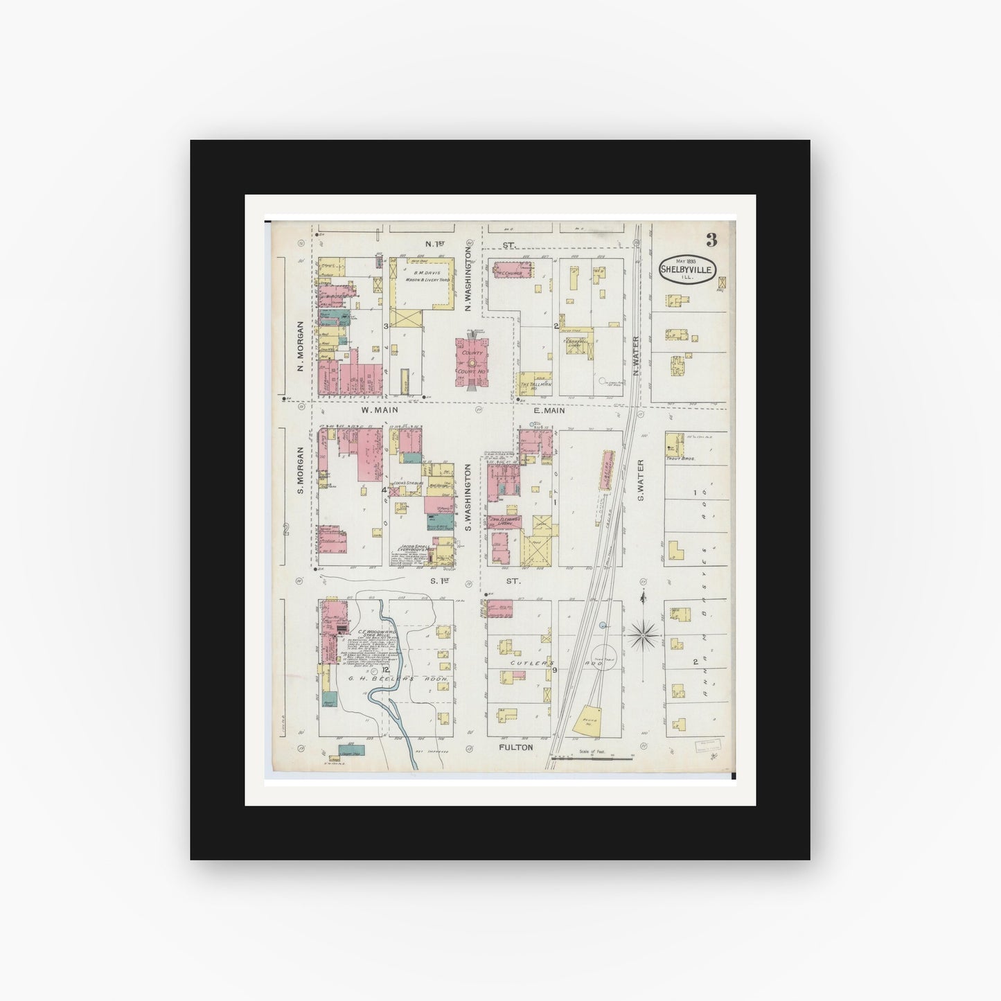Old map wall art mockup — black gallery frame with white mat — Sanborn Fire Insurance Map from Shelbyville, Shelby County, Illinois (1893), Sheet #0003