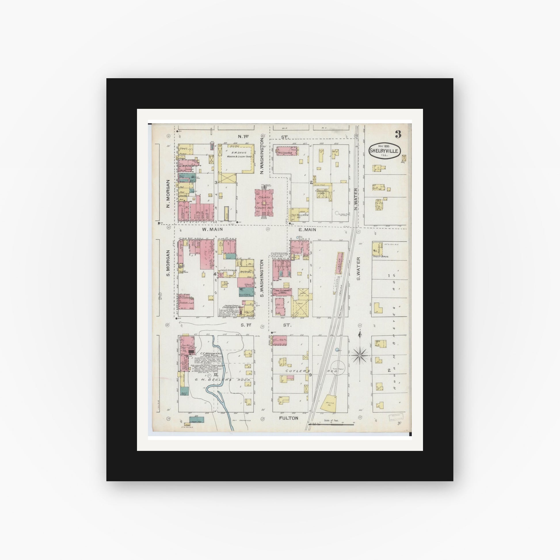Old map wall art mockup — black gallery frame with white mat — Sanborn Fire Insurance Map from Shelbyville, Shelby County, Illinois (1893), Sheet #0003