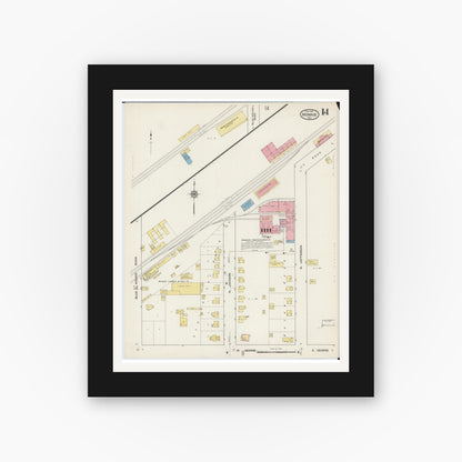 Old map wall art mockup — black gallery frame with white mat — Sanborn Fire Insurance Map from Monroe, Green County, Wisconsin (1915), Sheet #0014