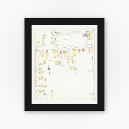 Old map wall art mockup — black gallery frame with white mat — Sanborn Fire Insurance Map from Leicester, Worcester County, Massachusetts (1910), Sheet #0007