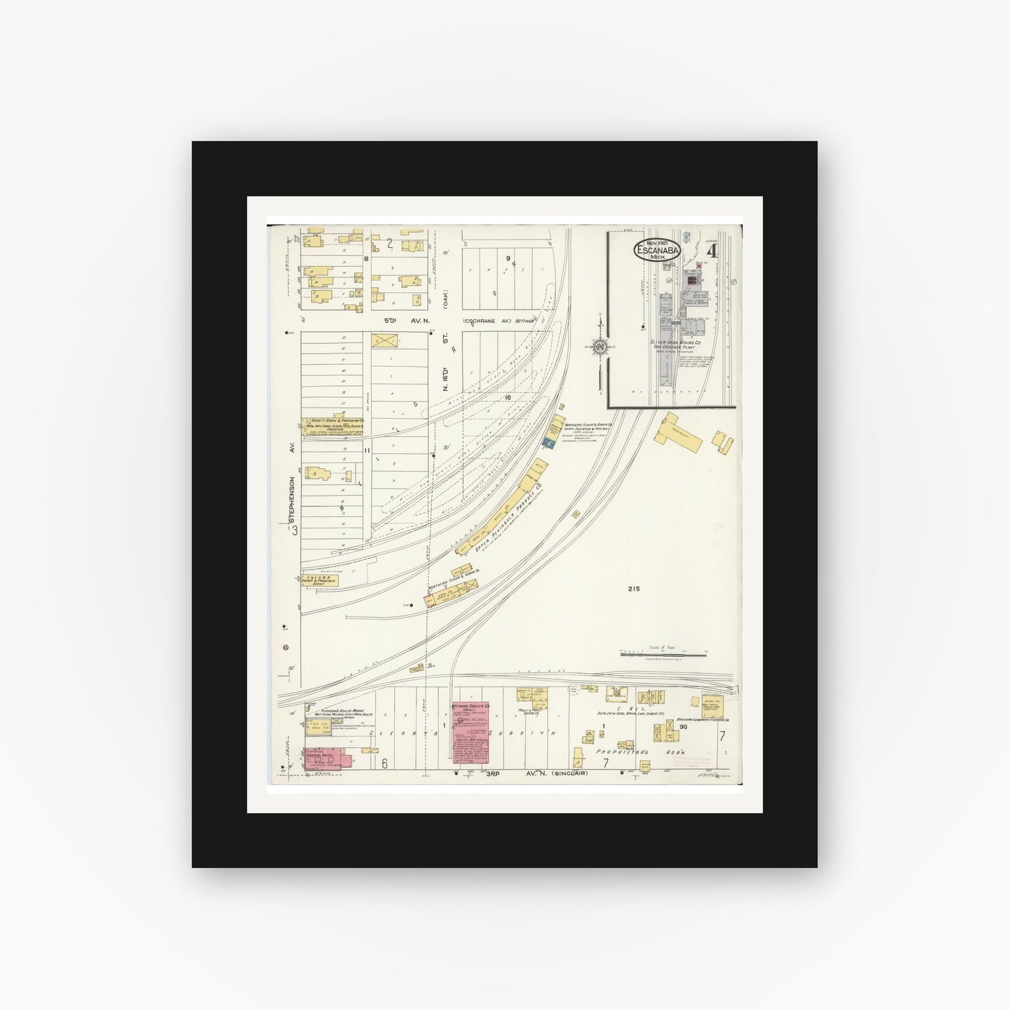 Old map wall art mockup — black gallery frame with white mat — Sanborn Fire Insurance Map from Escanaba, Delta County, Michigan (1921), Sheet #0004