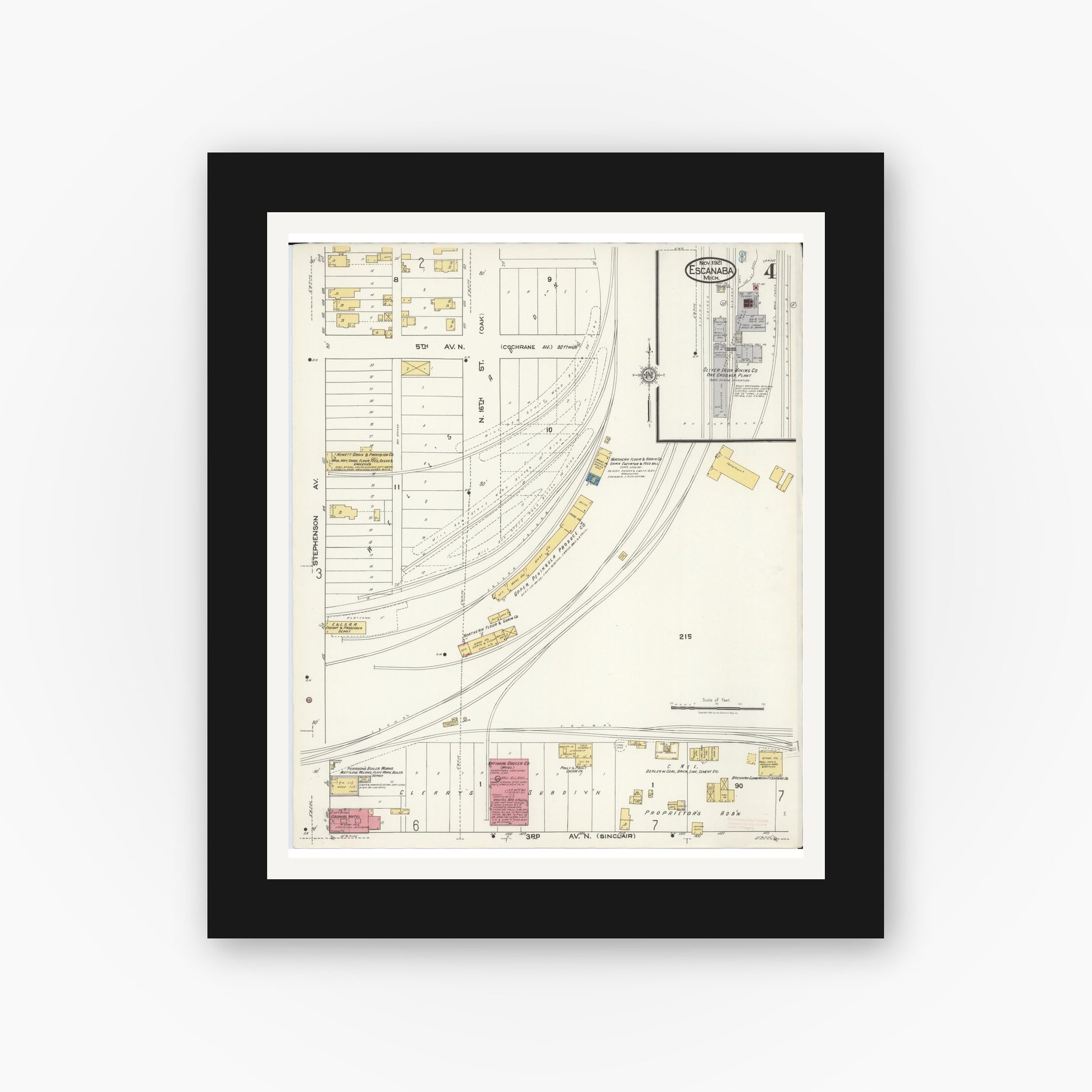 Old map wall art mockup — black gallery frame with white mat — Sanborn Fire Insurance Map from Escanaba, Delta County, Michigan (1921), Sheet #0004