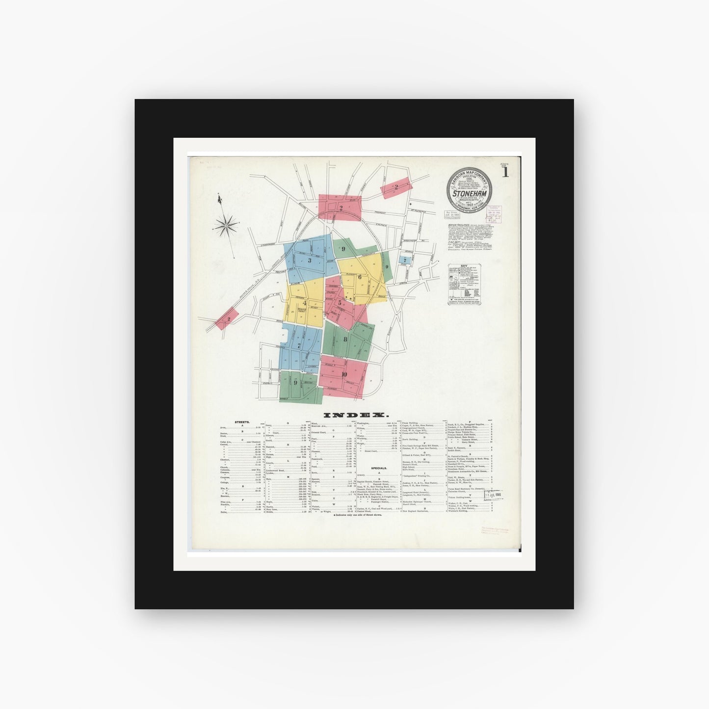 Old map wall art mockup — black gallery frame with white mat — Sanborn Fire Insurance Map from Stoneham, Middlesex County, Massachusetts (1903), Sheet #0001