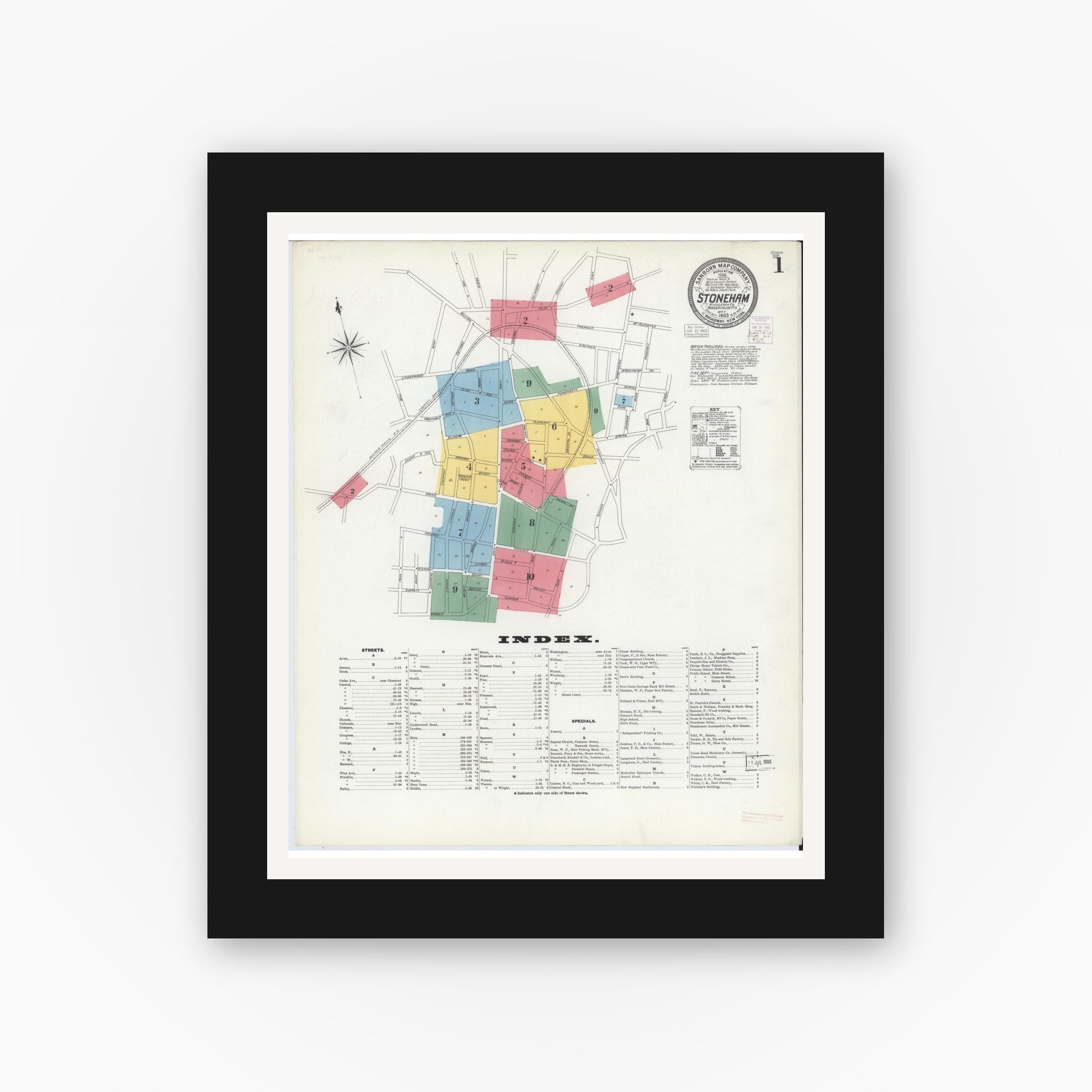 Old map wall art mockup — black gallery frame with white mat — Sanborn Fire Insurance Map from Stoneham, Middlesex County, Massachusetts (1903), Sheet #0001