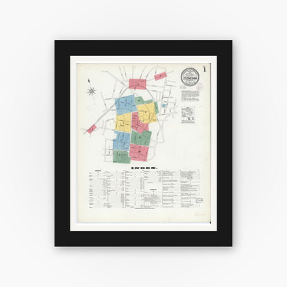 Old map wall art mockup — black gallery frame with white mat — Sanborn Fire Insurance Map from Stoneham, Middlesex County, Massachusetts (1903), Sheet #0001