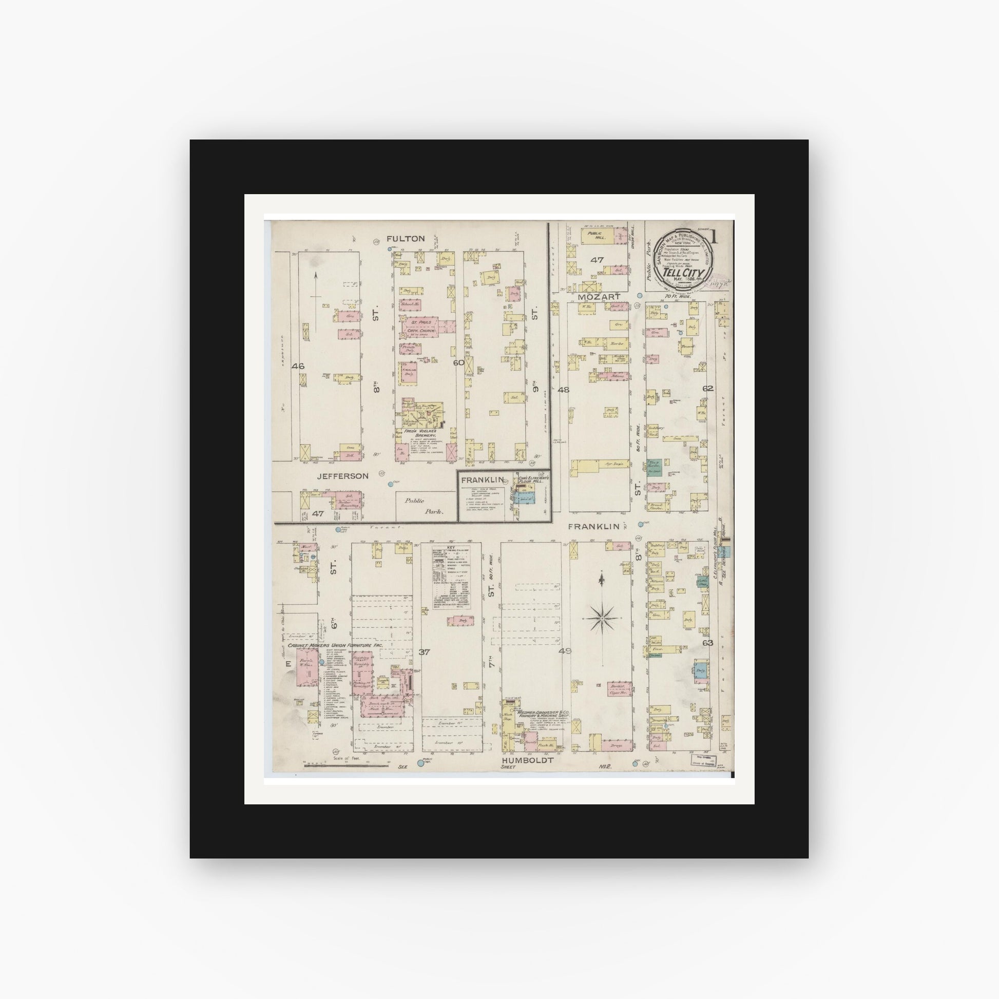 Old map wall art mockup — black gallery frame with white mat — Sanborn Fire Insurance Map from Tell City, Perry County, Indiana (1886) - Complete Map Set