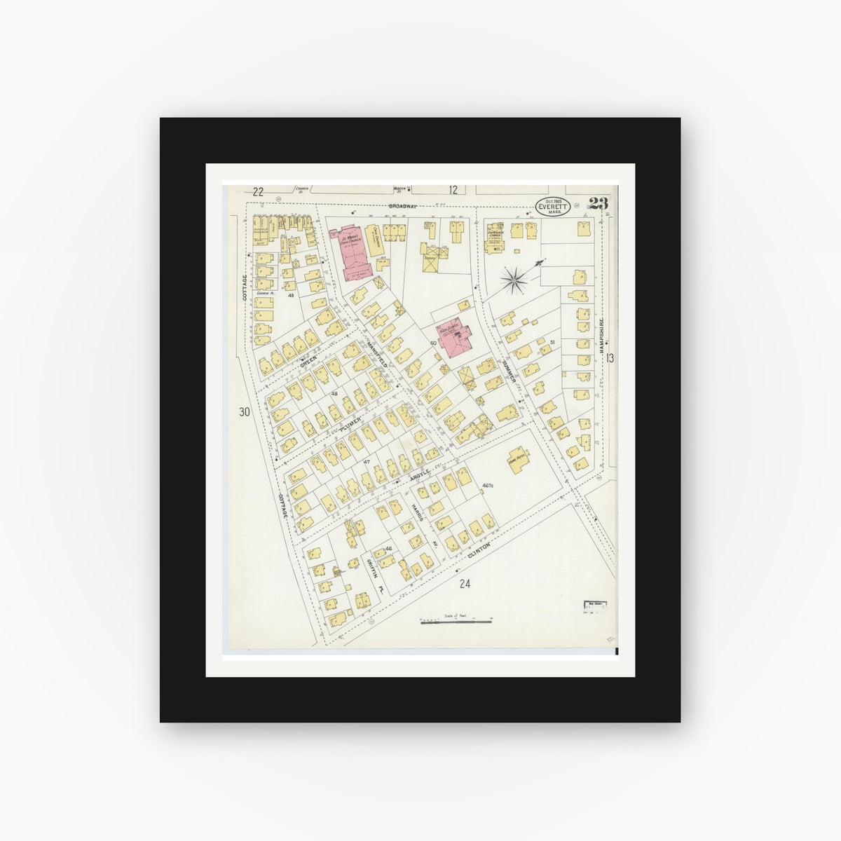 Old map wall art mockup — black gallery frame with white mat — Sanborn Fire Insurance Map from Everett, Middlesex County, Massachusetts (1903), Sheet #0023