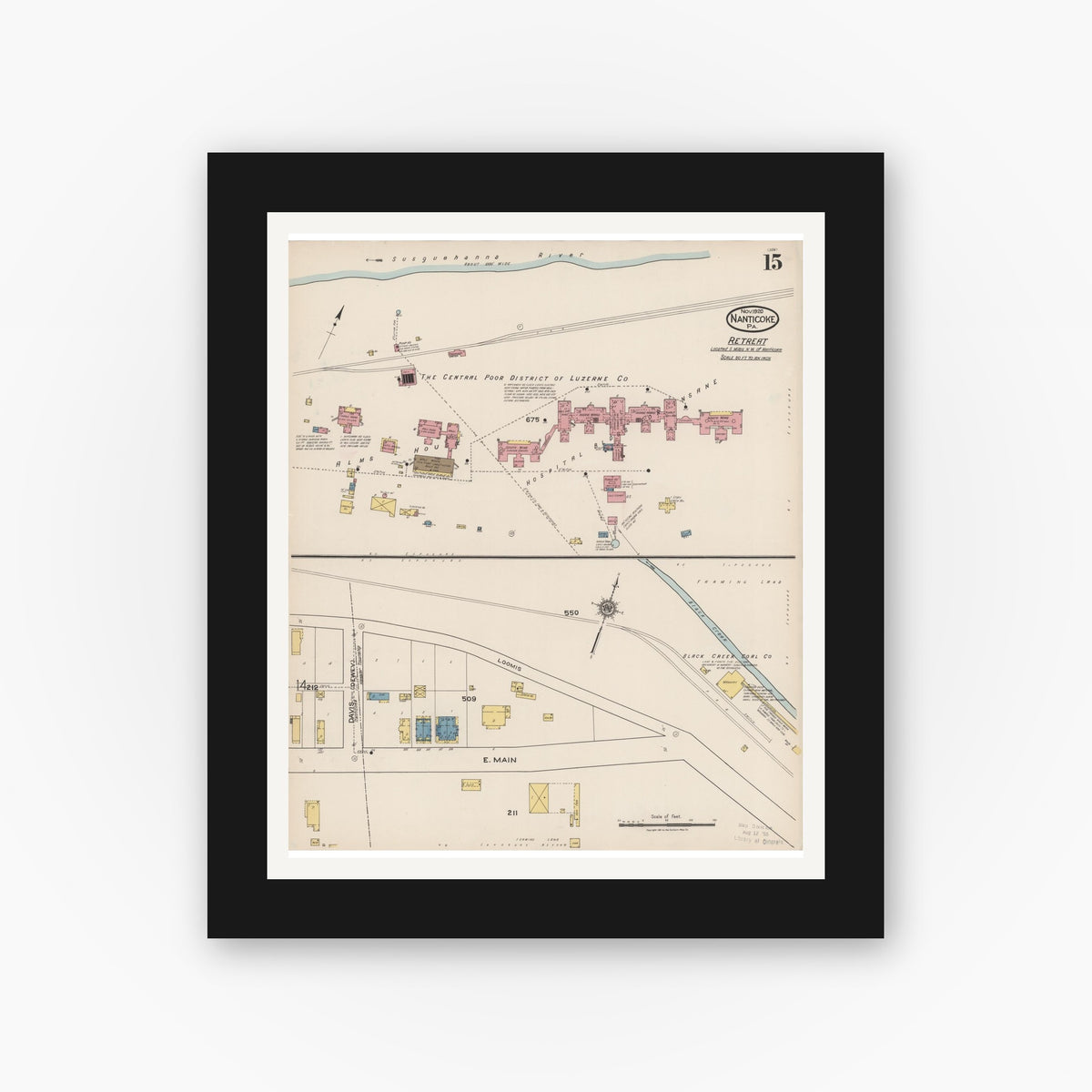 Old map wall art mockup — black gallery frame with white mat — Sanborn Fire Insurance Map from Nanticoke, Luzerne County, Pennsylvania (1920), Sheet #0015