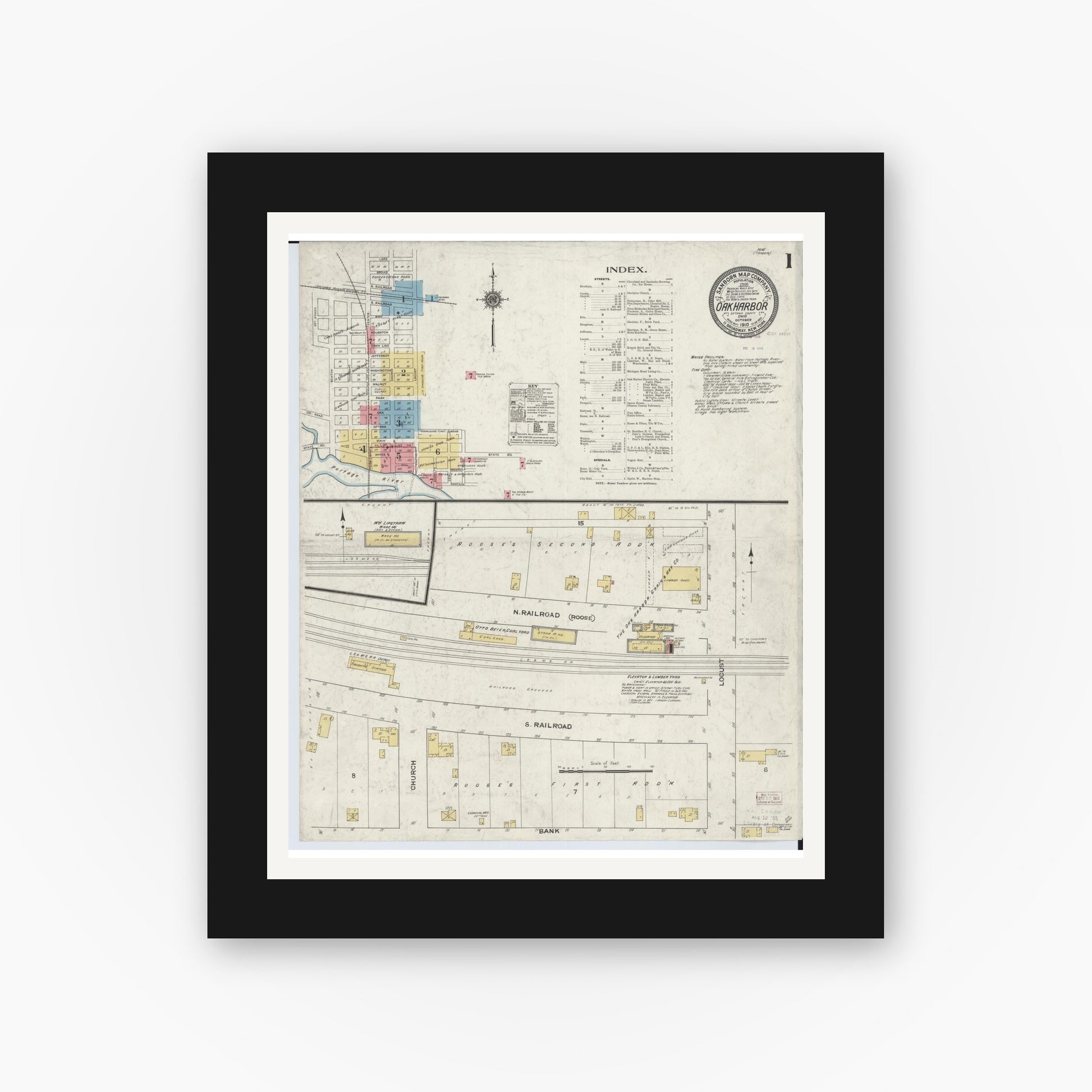 Old map wall art mockup — black gallery frame with white mat — Sanborn Fire Insurance Map from Oak Harbor, Ottawa County, Ohio (1910) - Complete Map Set