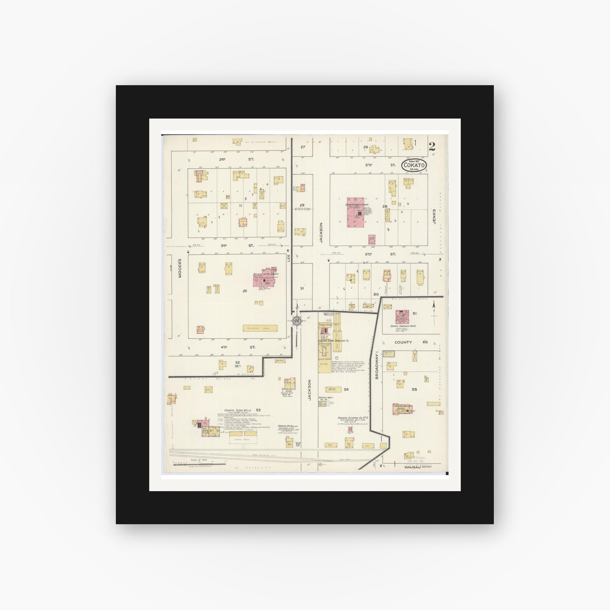 Old map wall art mockup — black gallery frame with white mat — Sanborn Fire Insurance Map from Cokato, Wright County, Minnesota (1917), Sheet #0002