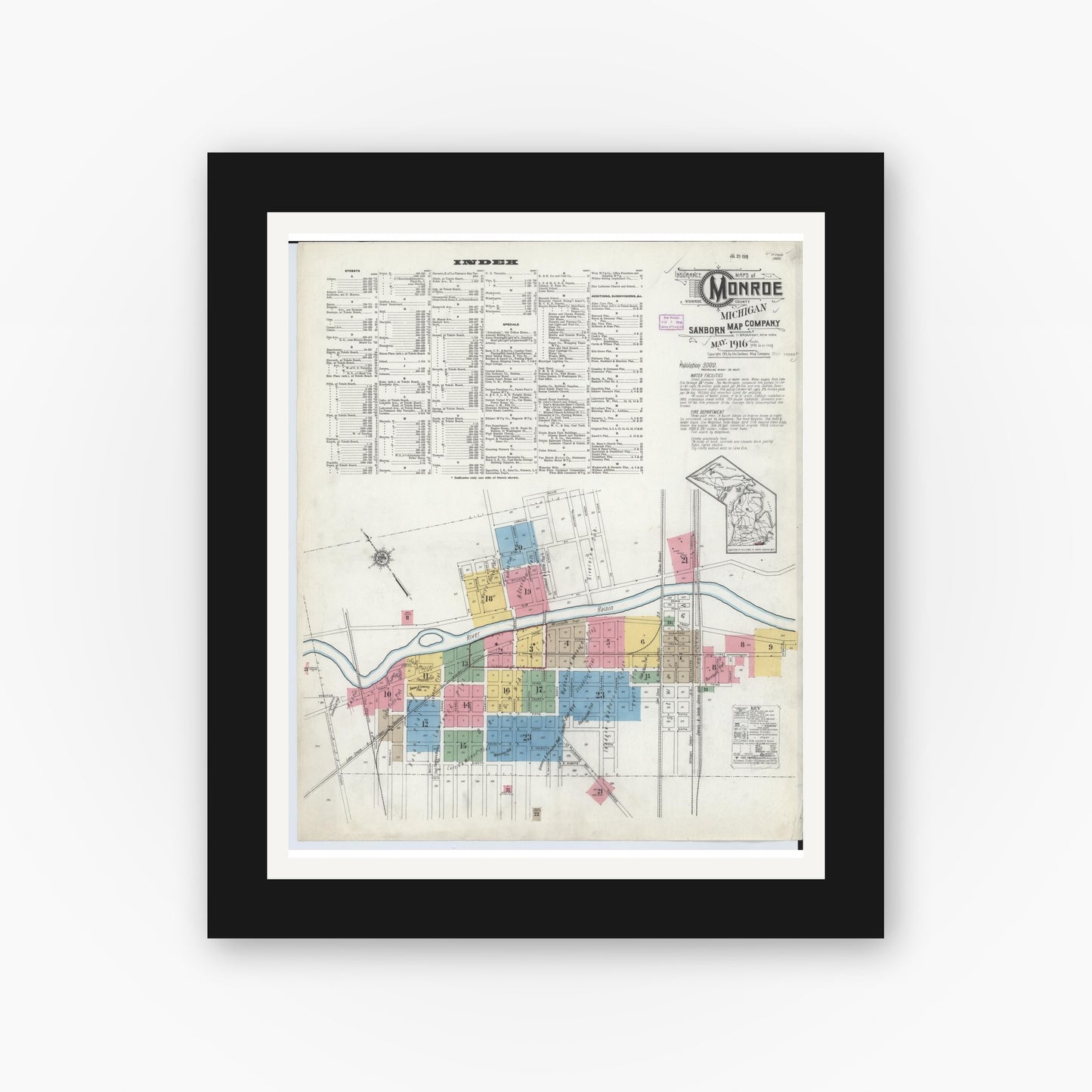 Old map wall art mockup — black gallery frame with white mat — Sanborn Fire Insurance Map from Monroe, Monroe County, Michigan (1916), Sheet #0001