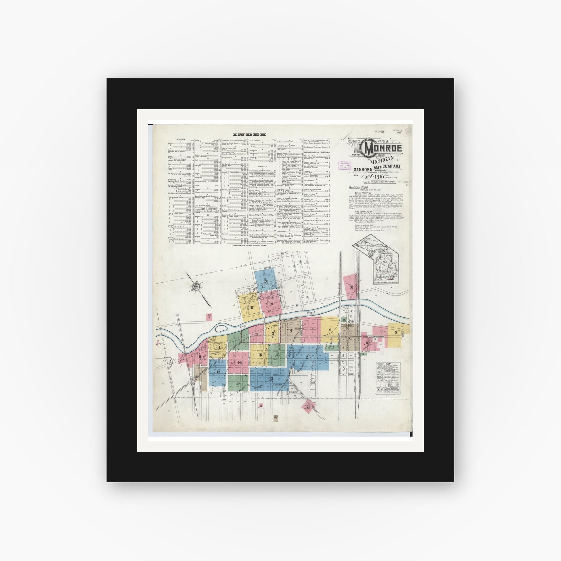 Old map wall art mockup — black gallery frame with white mat — Sanborn Fire Insurance Map from Monroe, Monroe County, Michigan (1916), Sheet #0001