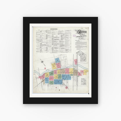 Old map wall art mockup — black gallery frame with white mat — Sanborn Fire Insurance Map from Monroe, Monroe County, Michigan (1916), Sheet #0001