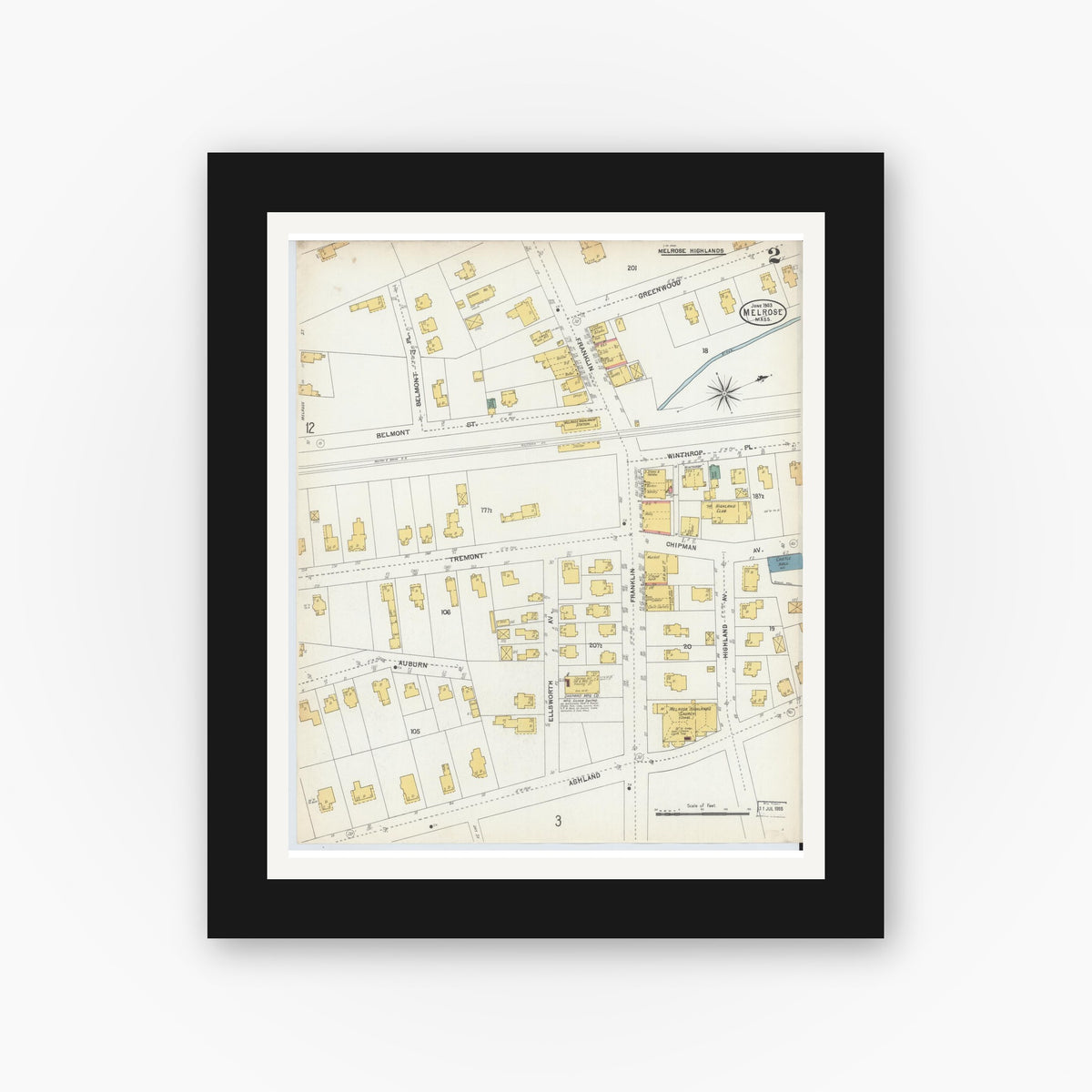 Old map wall art mockup — black gallery frame with white mat — Sanborn Fire Insurance Map from Melrose, Middlesex County, Massachusetts (1903), Sheet #0002