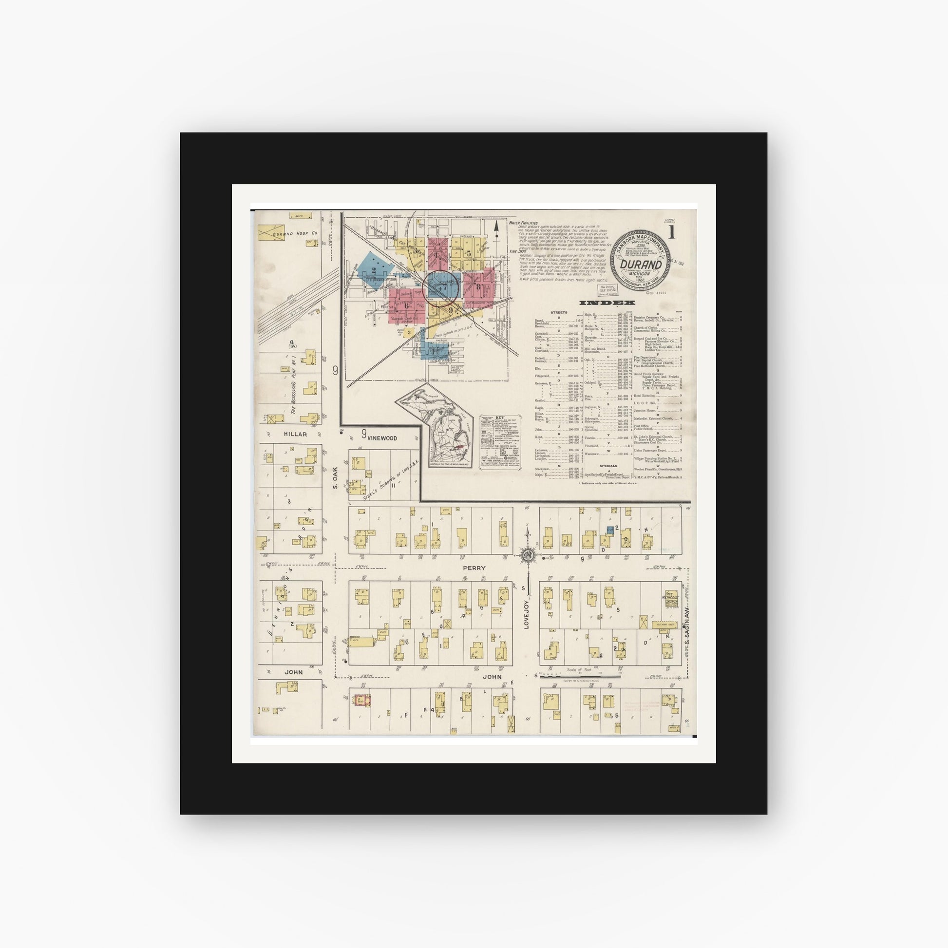 Old map wall art mockup — black gallery frame with white mat — Sanborn Fire Insurance Map from Durand, Shiawassee County, Michigan (1922), Sheet #0001