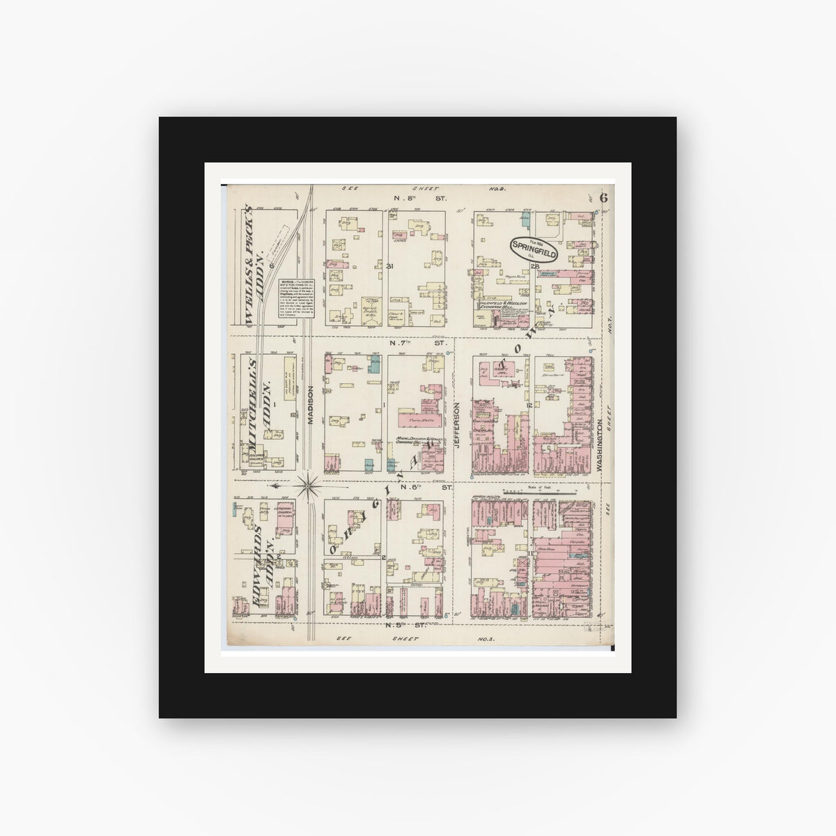 Old map wall art mockup — black gallery frame with white mat — Sanborn Fire Insurance Map from Springfield, Sangamon County, Illinois (1884), Sheet #0006