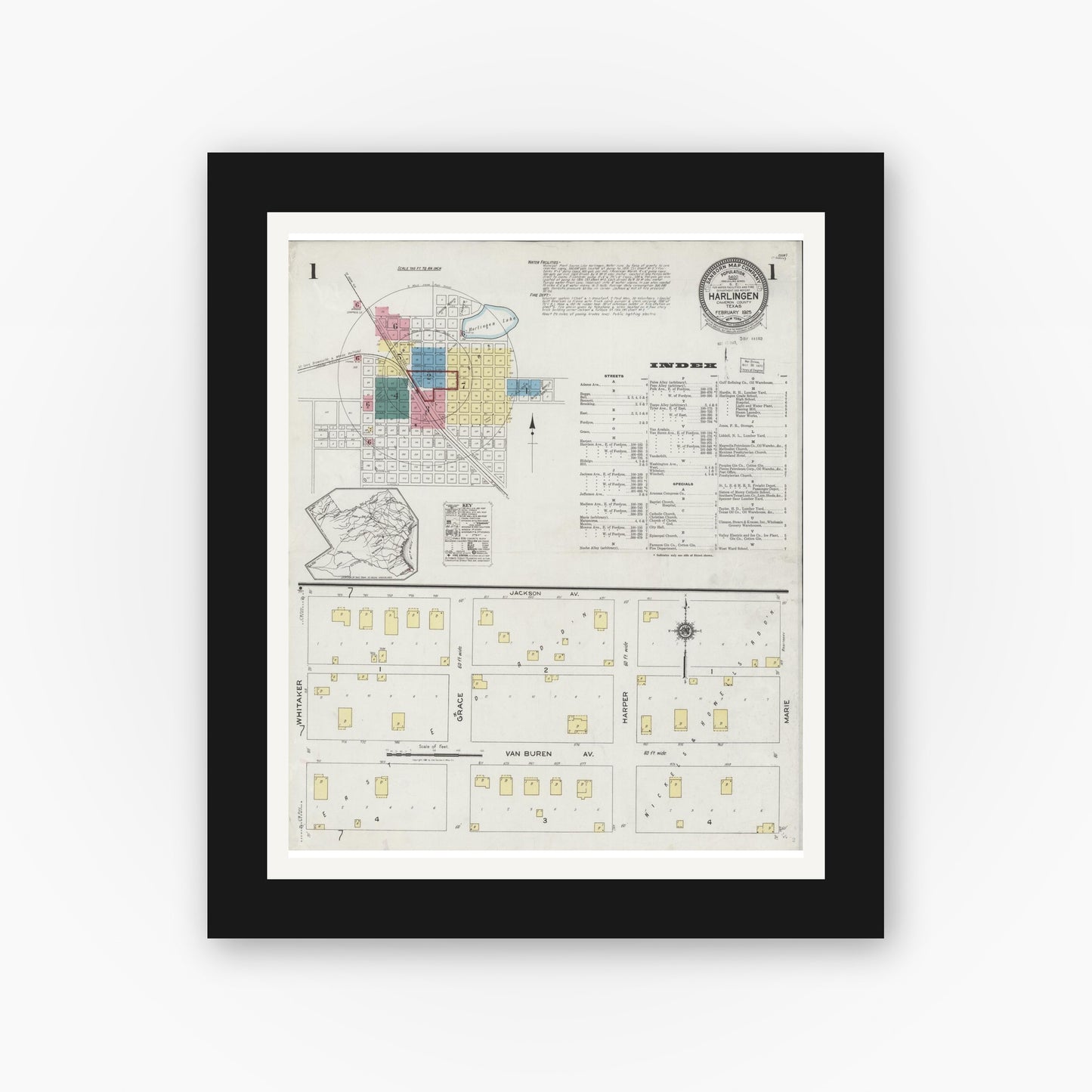 Old map wall art mockup — black gallery frame with white mat — Sanborn Fire Insurance Map from Harlingen, Cameron County, Texas (1925), Sheet #0001