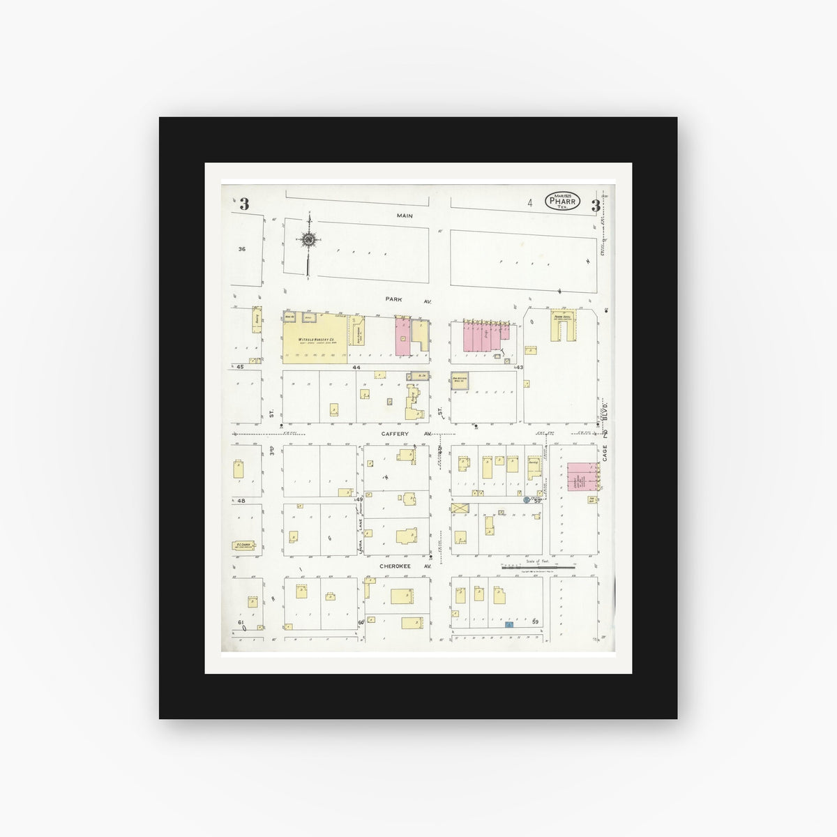 Old map wall art mockup — black gallery frame with white mat — Sanborn Fire Insurance Map from Pharr, Hidalgo County, Texas (1925), Sheet #0003
