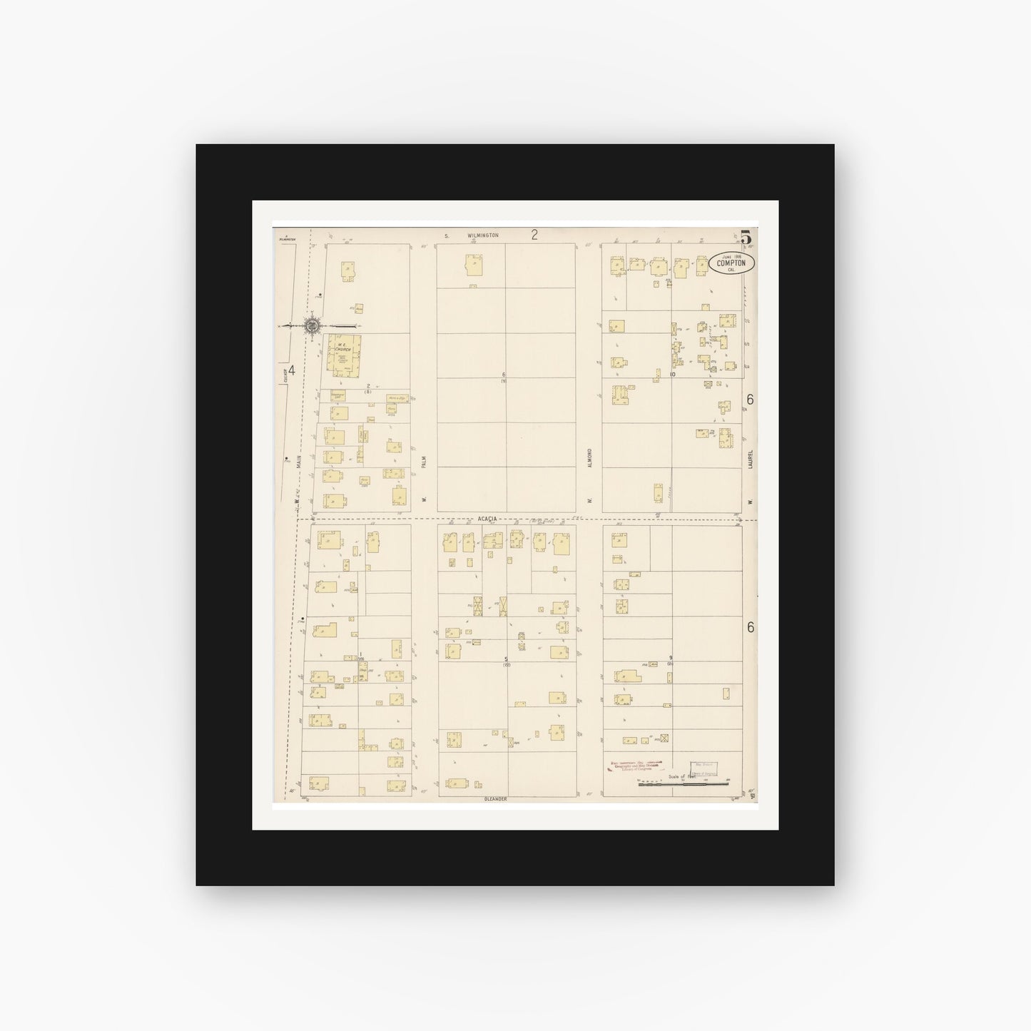 Old map wall art mockup — black gallery frame with white mat — Sanborn Fire Insurance Map from Compton, Los Angeles County, California (1916), Sheet #0005