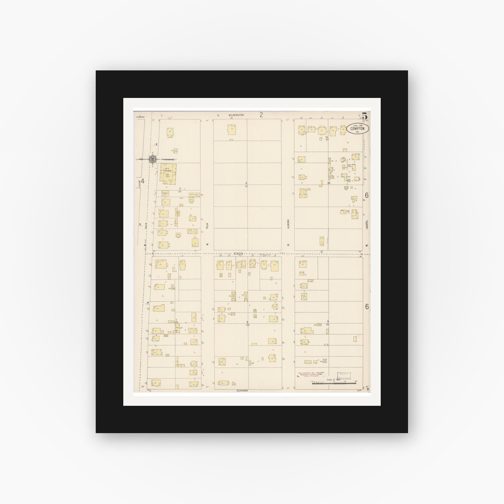 Old map wall art mockup — black gallery frame with white mat — Sanborn Fire Insurance Map from Compton, Los Angeles County, California (1916), Sheet #0005