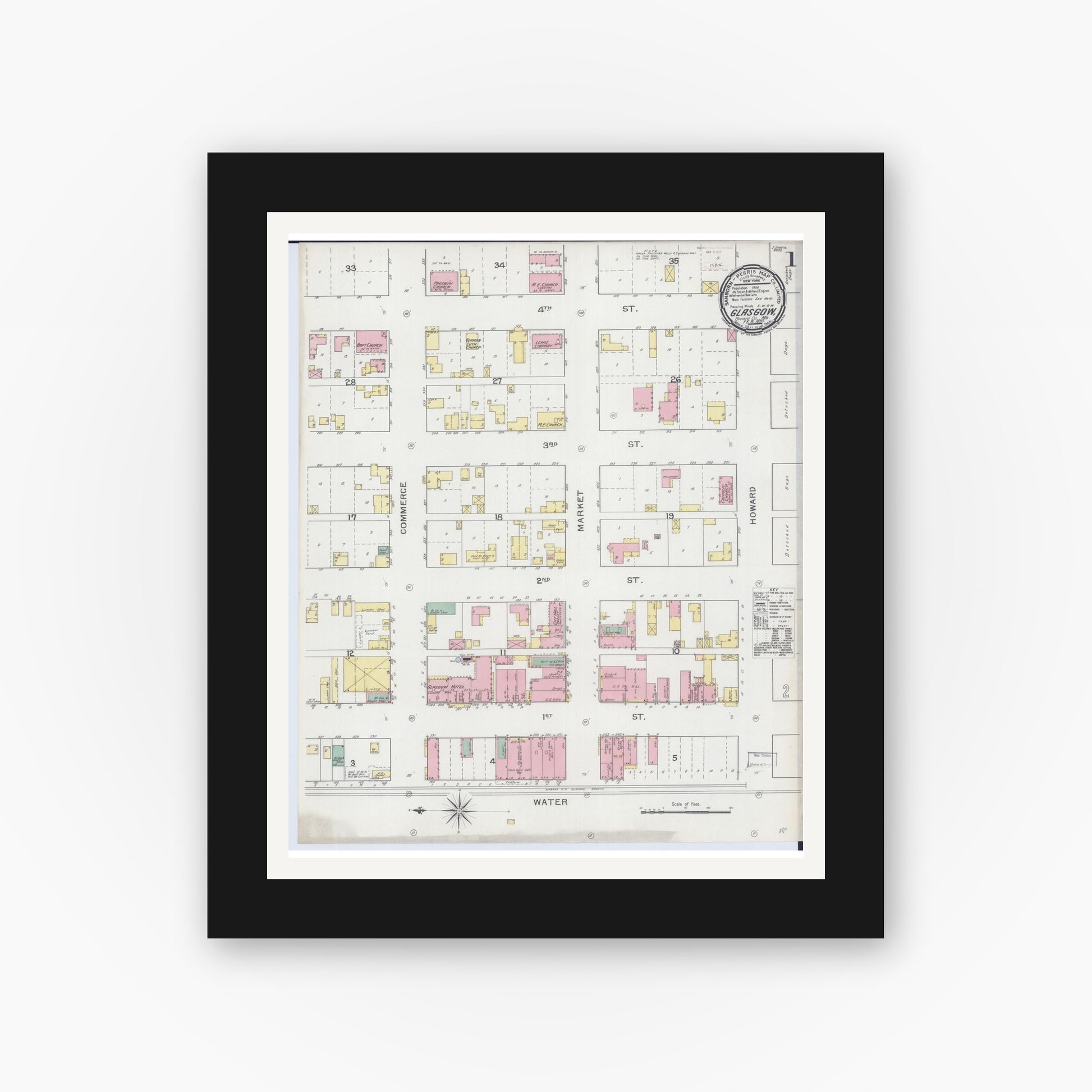 Old map wall art mockup — black gallery frame with white mat — Sanborn Fire Insurance Map from Glasgow, Howard County, Missouri (1893), Sheet #0001