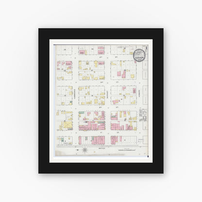 Old map wall art mockup — black gallery frame with white mat — Sanborn Fire Insurance Map from Glasgow, Howard County, Missouri (1893), Sheet #0001