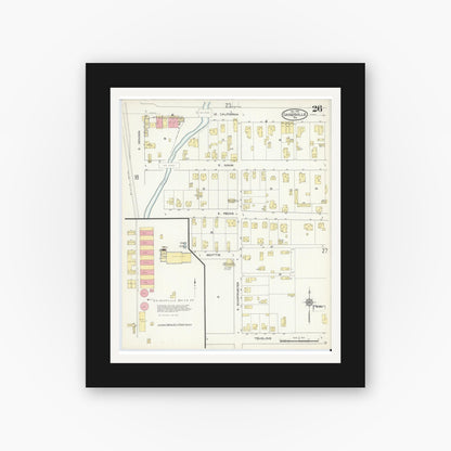 Old map wall art mockup — black gallery frame with white mat — Sanborn Fire Insurance Map from Gainesville, Cooke County, Texas (1913), Sheet #0026