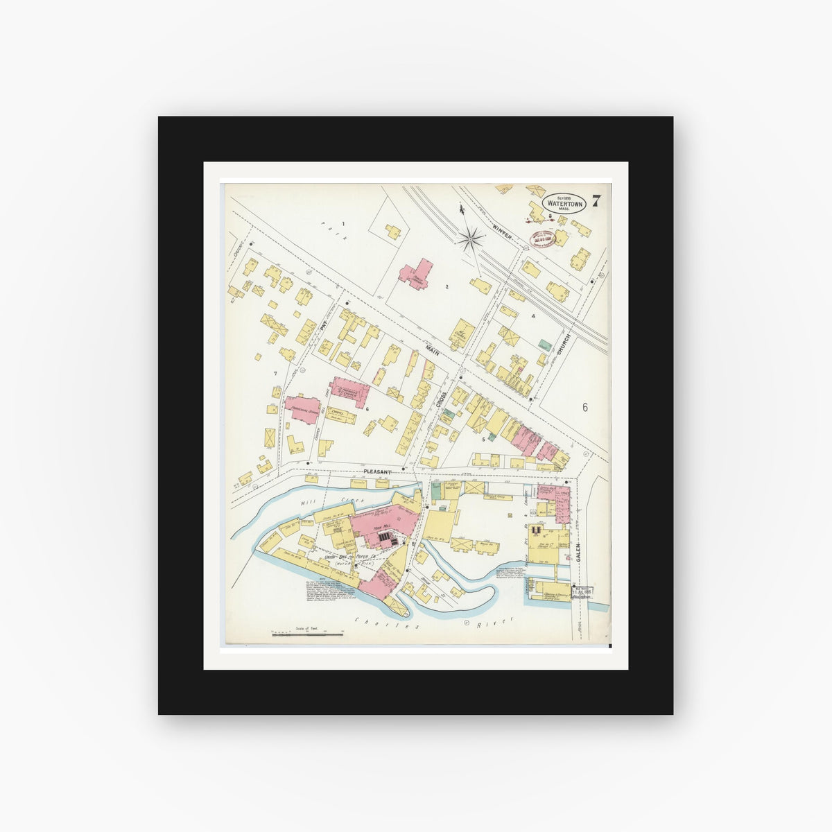 Old map wall art mockup — black gallery frame with white mat — Sanborn Fire Insurance Map from Watertown, Middlesex County, Massachusetts (1899), Sheet #0007