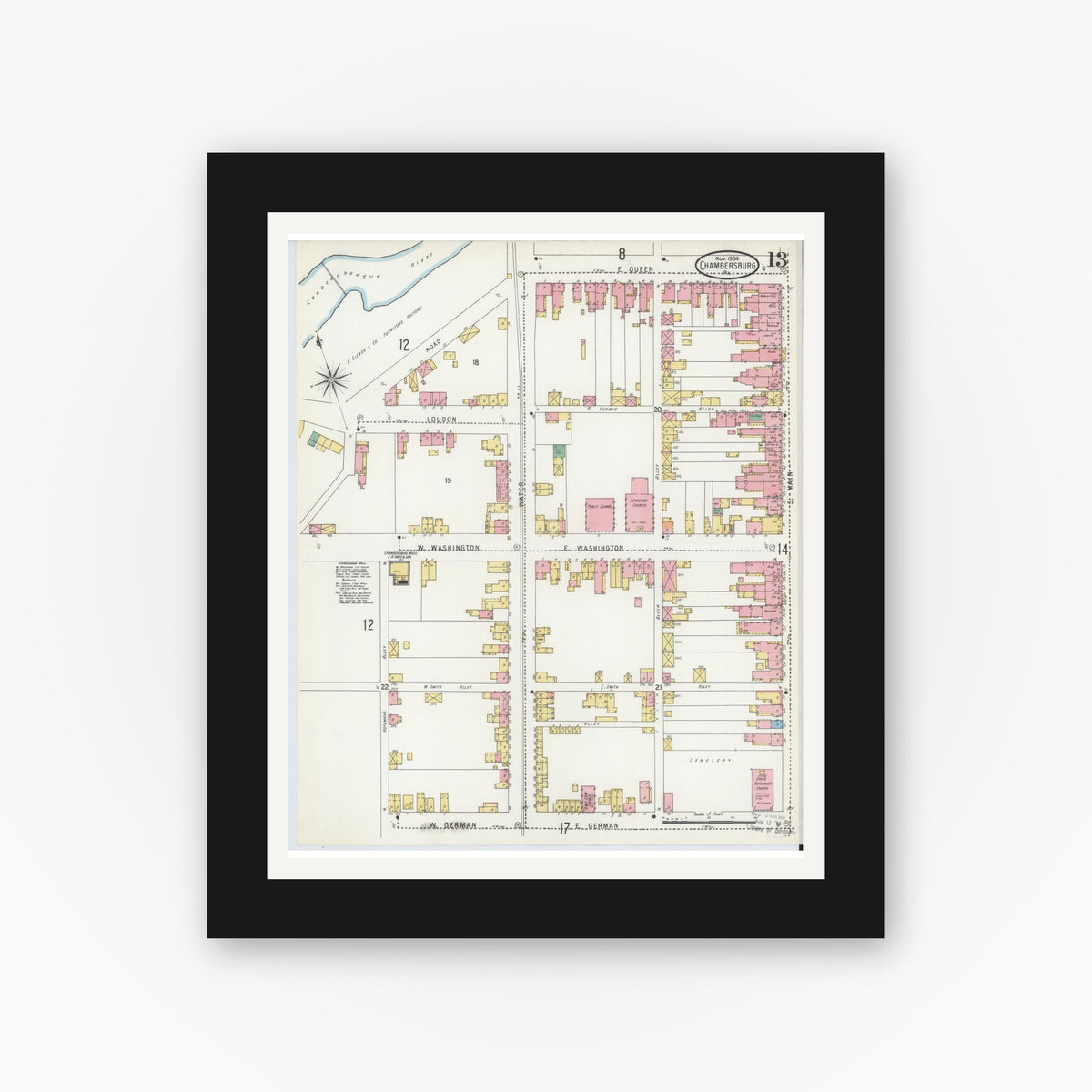 Old map wall art mockup — black gallery frame with white mat — Sanborn Fire Insurance Map from Chambersburg, Franklin County, Pennsylvania (1904), Sheet #0013