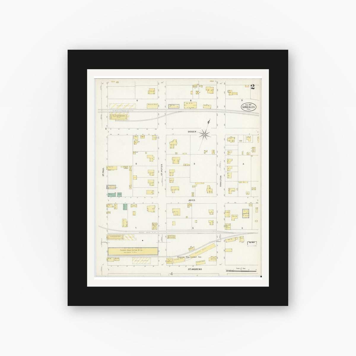 Old map wall art mockup — black gallery frame with white mat — Sanborn Fire Insurance Map from Gonzales, Gonzales County, Texas (1907), Sheet #0002