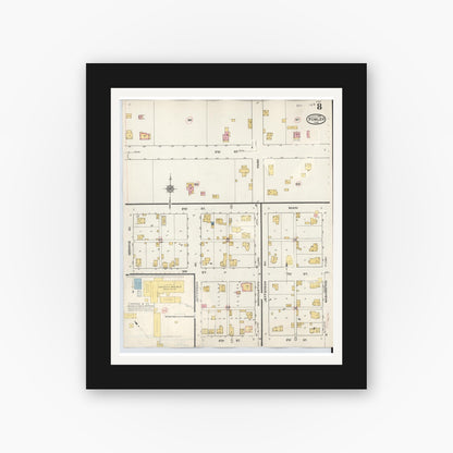 Old map wall art mockup — black gallery frame with white mat — Sanborn Fire Insurance Map from Fowler, Benton County, Indiana (1932), Sheet #0008