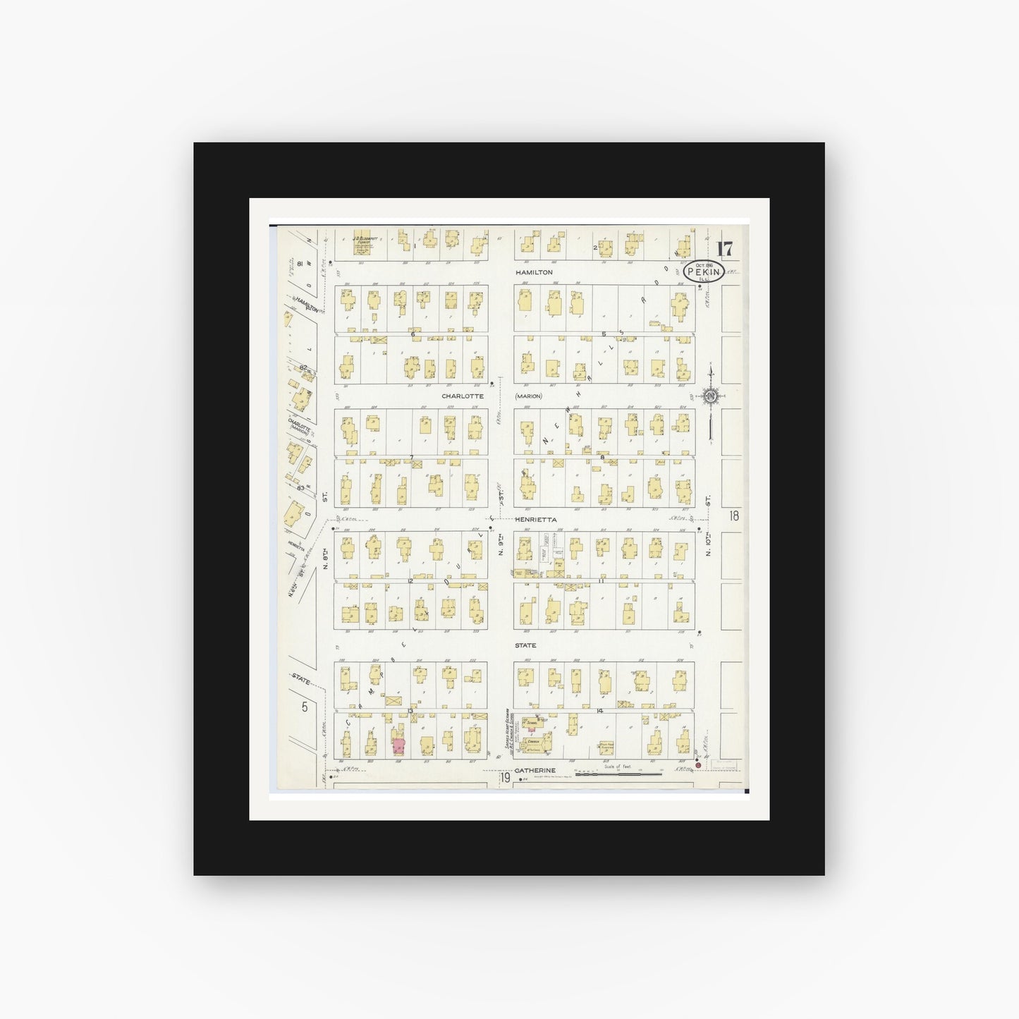 Old map wall art mockup — black gallery frame with white mat — Sanborn Fire Insurance Map from Pekin, Tazewell County, Illinois (1916), Sheet #0017