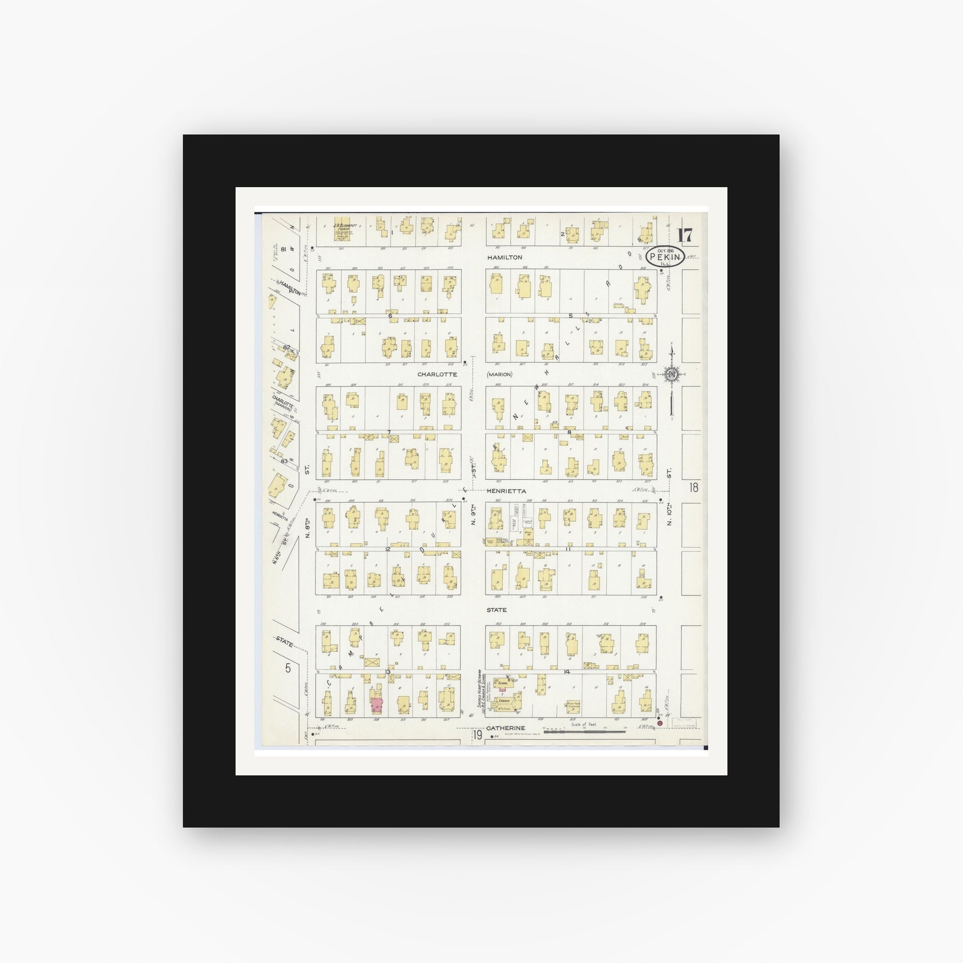 Old map wall art mockup — black gallery frame with white mat — Sanborn Fire Insurance Map from Pekin, Tazewell County, Illinois (1916), Sheet #0017