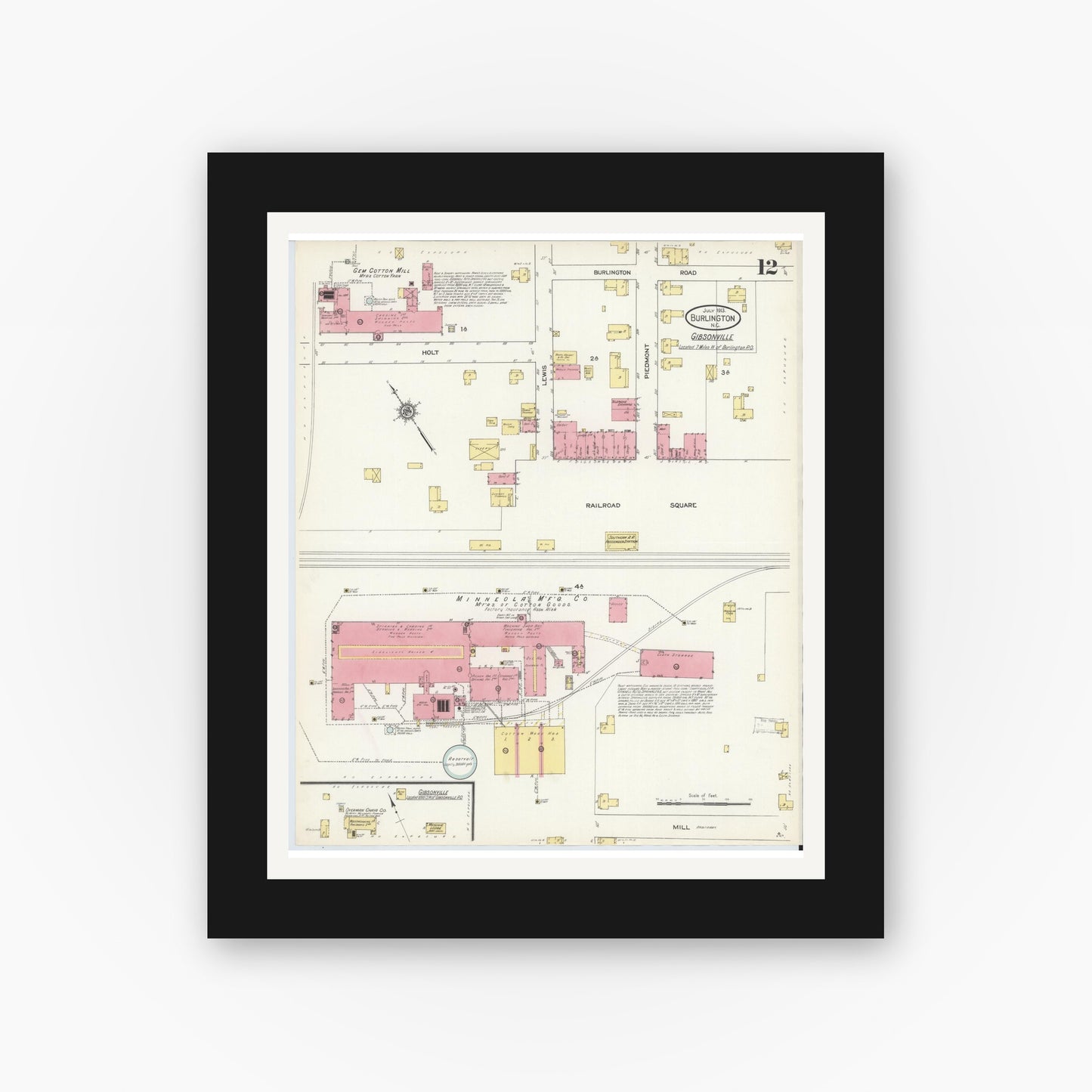 Old map wall art mockup — black gallery frame with white mat — Sanborn Fire Insurance Map from Burlington, Alamance County, North Carolina (1913), Sheet #0012