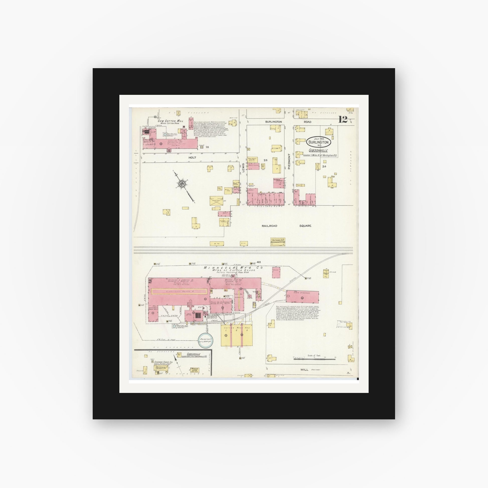 Old map wall art mockup — black gallery frame with white mat — Sanborn Fire Insurance Map from Burlington, Alamance County, North Carolina (1913), Sheet #0012