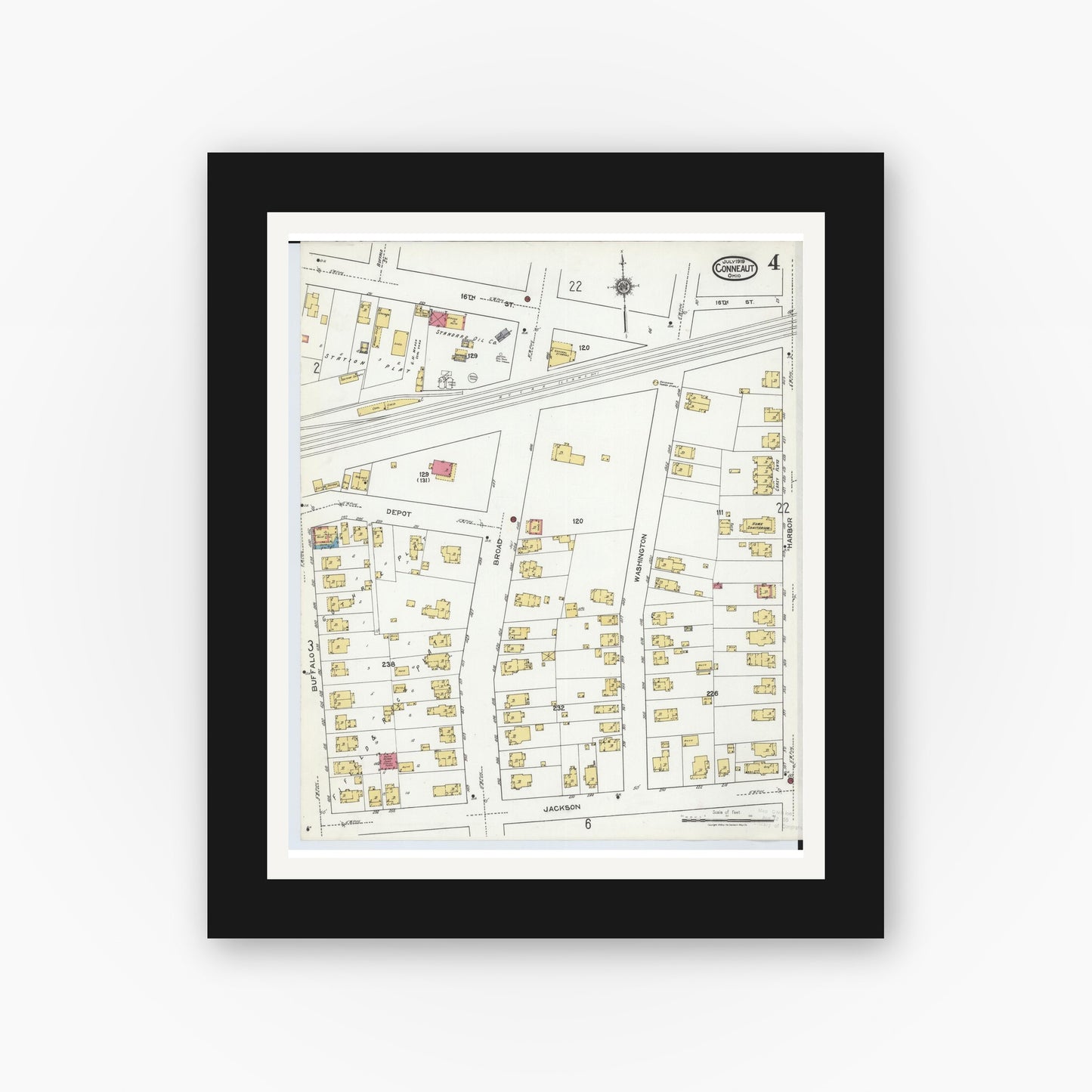 Old map wall art mockup — black gallery frame with white mat — Sanborn Fire Insurance Map from Conneaut, Ashtabula County, Ohio (1919), Sheet #0004