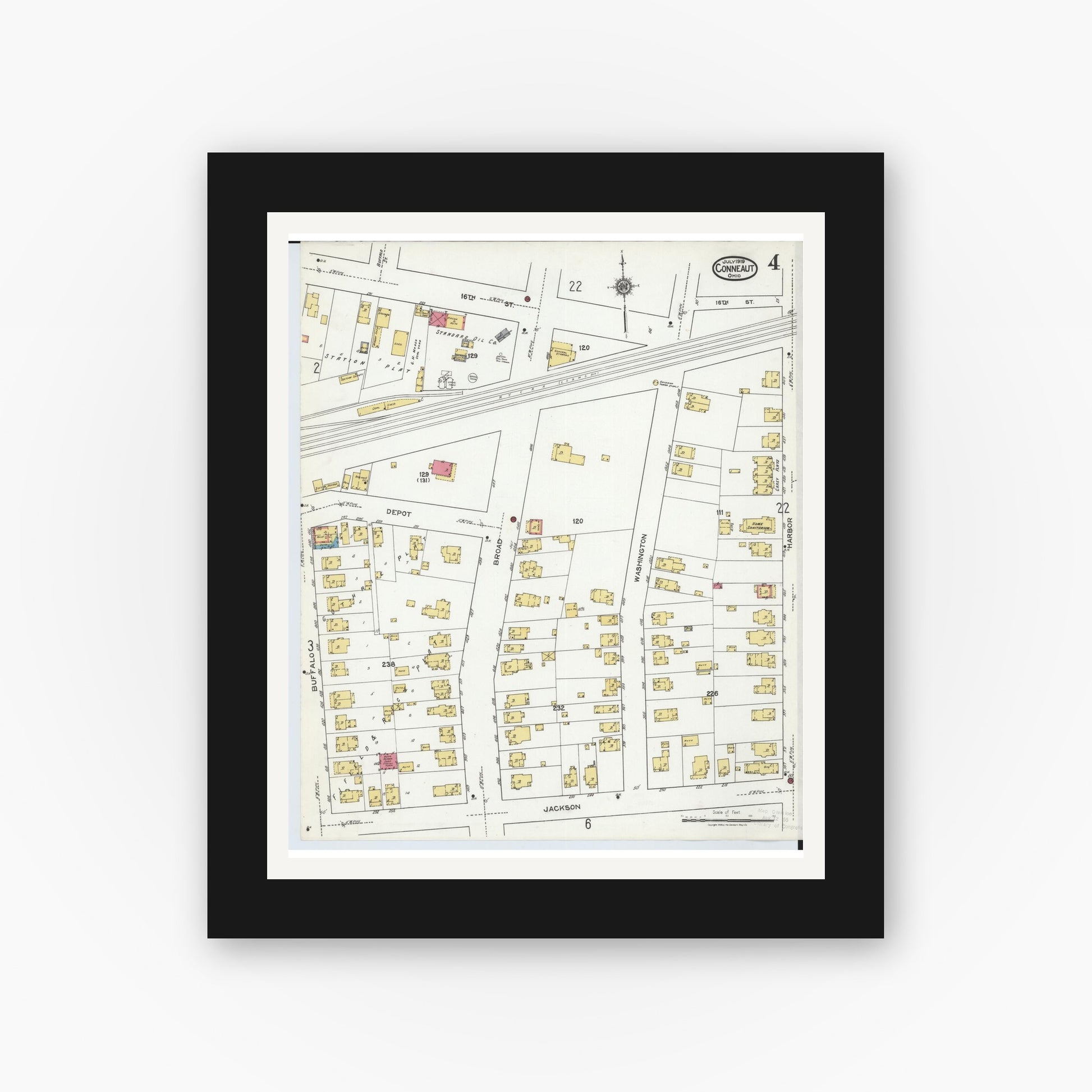 Old map wall art mockup — black gallery frame with white mat — Sanborn Fire Insurance Map from Conneaut, Ashtabula County, Ohio (1919), Sheet #0004