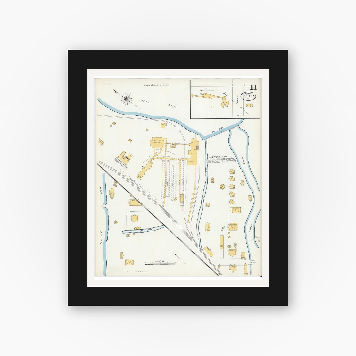 Old map wall art mockup — black gallery frame with white mat — Sanborn Fire Insurance Map from Indiana, Indiana County, Pennsylvania (1903), Sheet #0011