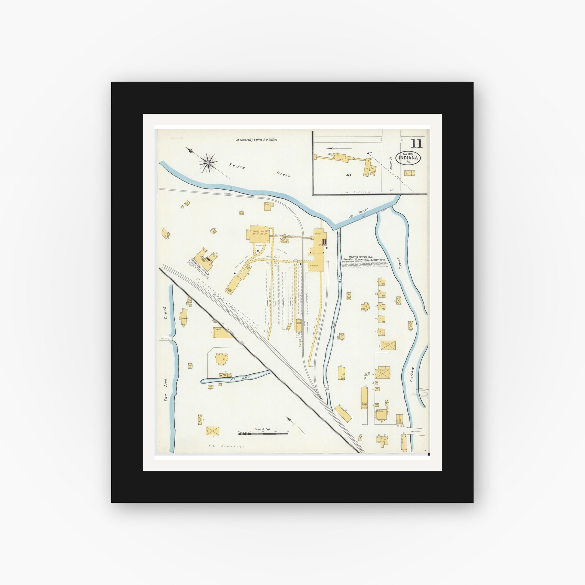 Old map wall art mockup — black gallery frame with white mat — Sanborn Fire Insurance Map from Indiana, Indiana County, Pennsylvania (1903), Sheet #0011