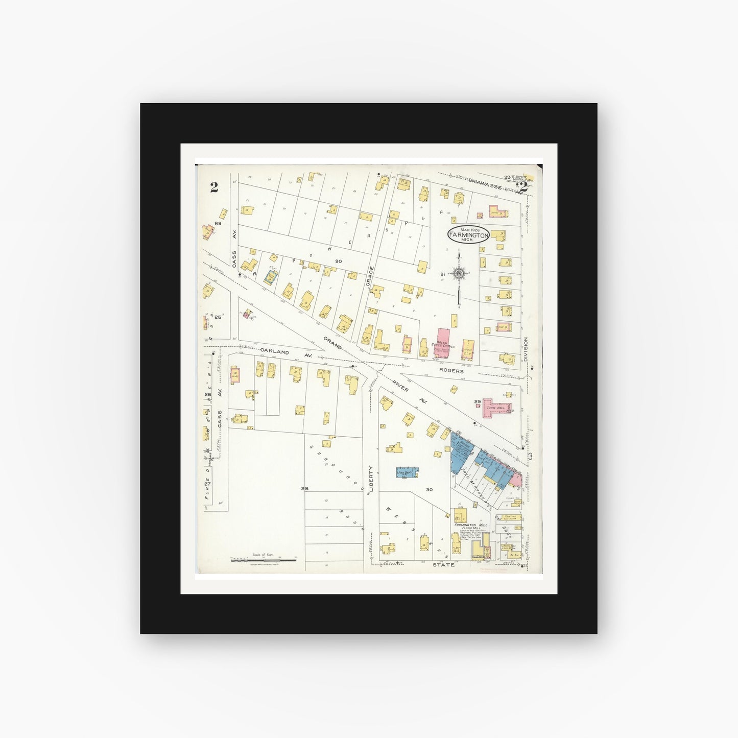 Old map wall art mockup — black gallery frame with white mat — Sanborn Fire Insurance Map from Farmington, Oakland County, Michigan (1926), Sheet #0002