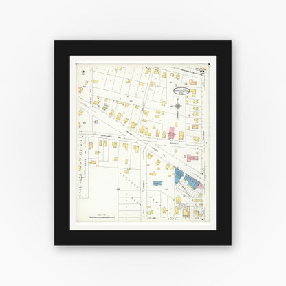 Old map wall art mockup — black gallery frame with white mat — Sanborn Fire Insurance Map from Farmington, Oakland County, Michigan (1926), Sheet #0002
