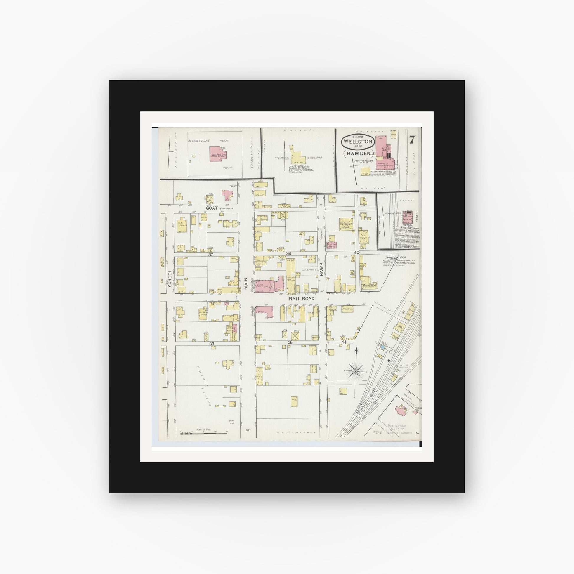 Old map wall art mockup — black gallery frame with white mat — Sanborn Fire Insurance Map from Wellston, Jackson County, Ohio (1892), Sheet #0007
